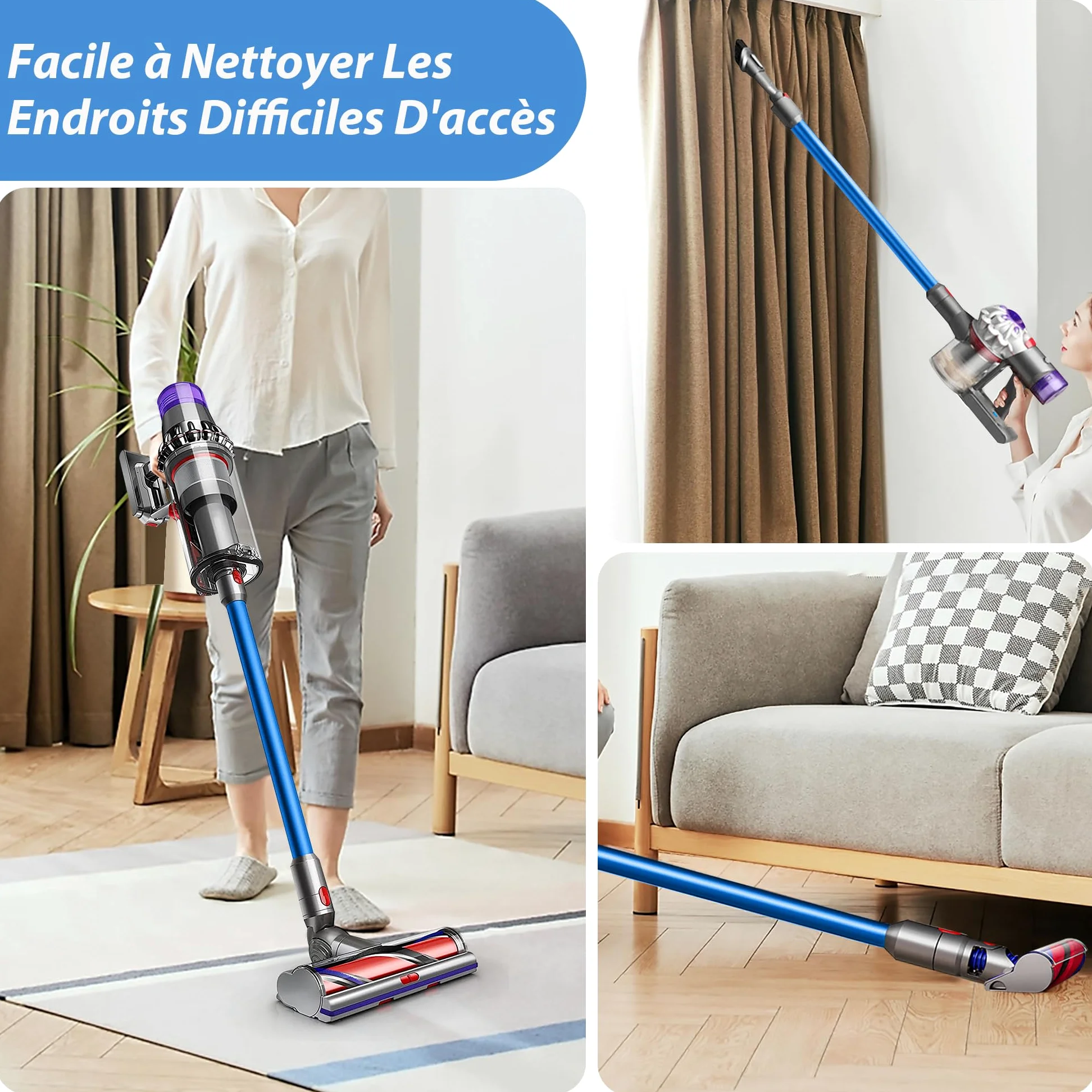 Tube d'Extension Télescopique Dyson Compatible V7 V8 V10 V11 V15 - Avec 2 Filtres et Deux Brosses 2-en-1 - Bleu