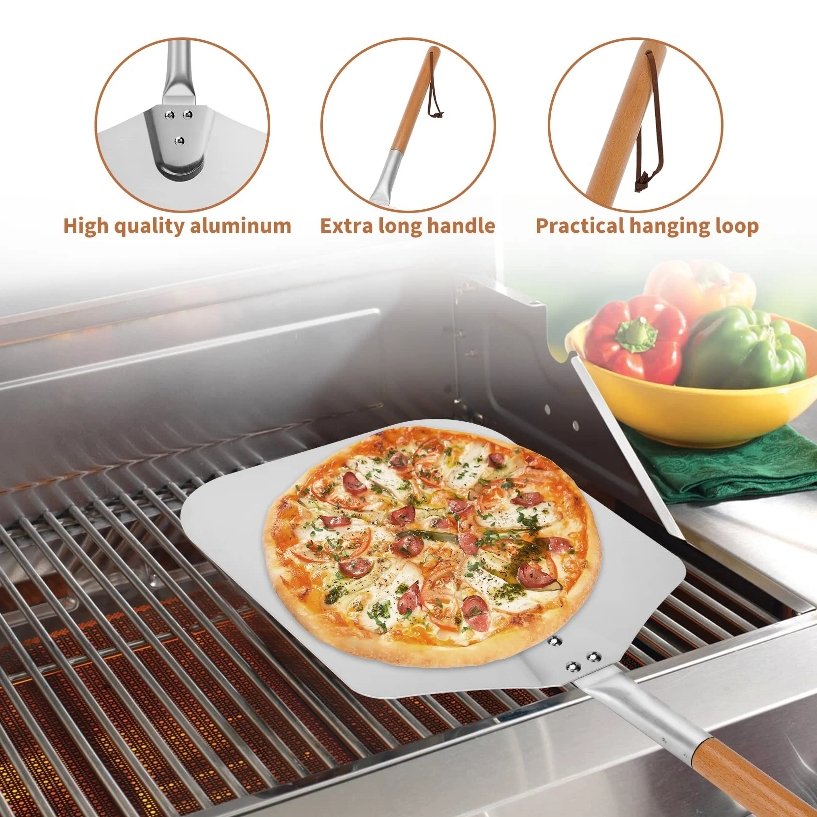Mimiuo Pierre à Pizza avec Pelle, Kit Pierre Pizza Rectangulaire 38x30 cm et aluminium Pelle à Pizza 71,5cm- ensemble d'outils à pizza pour Four & gril à gaz et barbecue à charbon