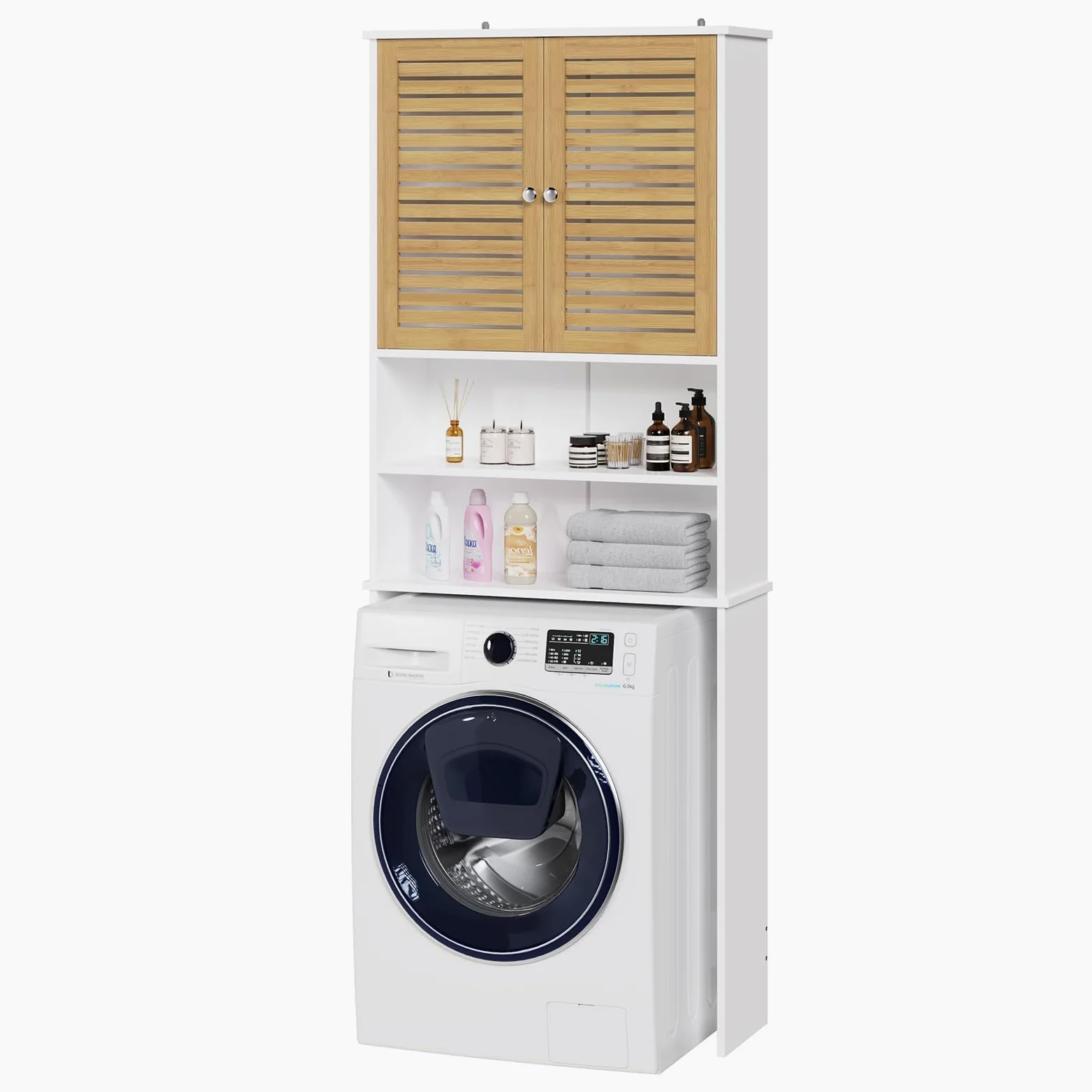 Meuble Machine à Laver, Armoire Dessus Toilette avec 2 Compartiments Ouverts, Espace Derrière 2 Portes en Bambou, Meuble WC Rangement avec Étagère Réglables, 185,5 x 65 x 24 cm