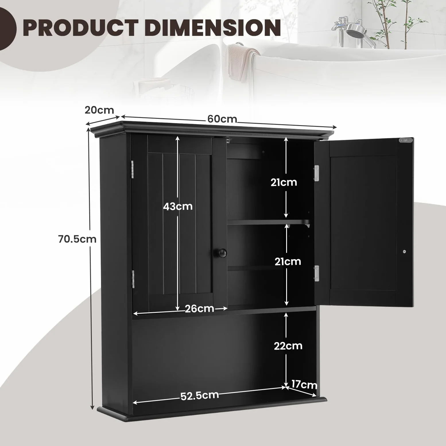 LIFEZEAL Armoire Murale Salle de Bain, Meuble Rangement Mural avec Etagère Réglable et 2 Portes, Placard de Rangement en Bois 60x20x70,5 CM, pour Cuisine, Salon, Chambre, Noir