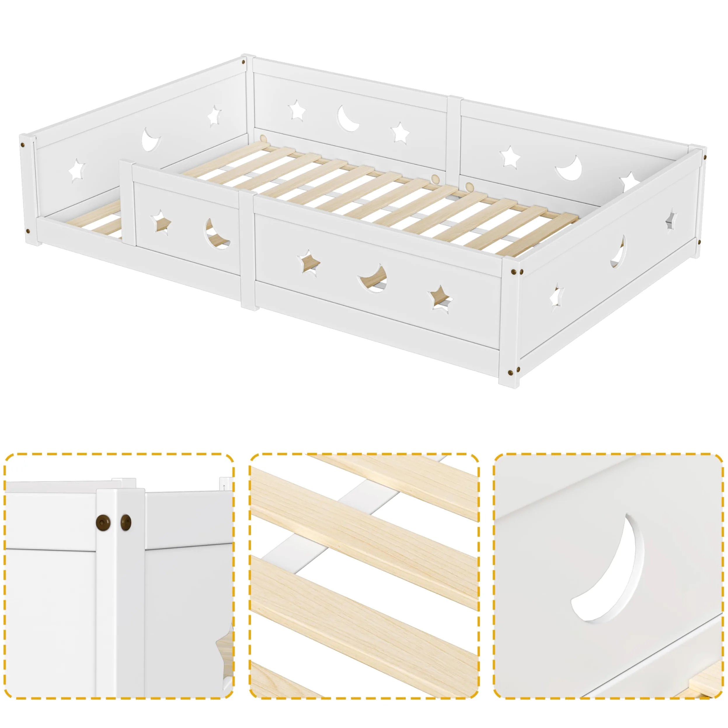 Lit pour Enfant 90x200 cm,lit au Sol Enfant en Bois Naturel avec Protection Contre Les Chutes,Lits Enfant 90x200 avec Étoiles et Lune, Lit Montessori en Panneau de Particules, Blanc