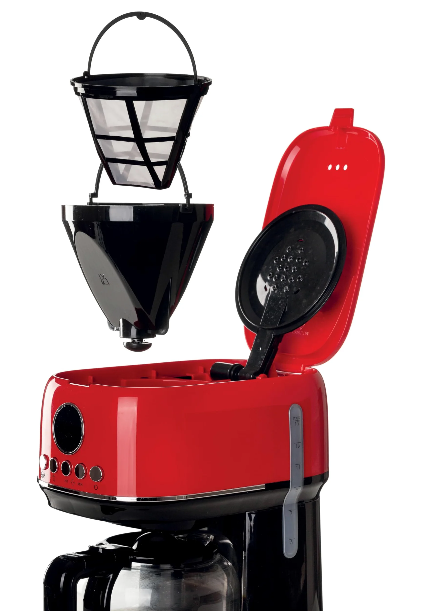Ariete, Moderna 1396 Cafetière Filtre, Préparez Jusqu'à 15 Tasses de Café Américain, Carafe en Verre Trempé, Base Chauffante, Écran LCD, Filtres Amovibles et Lavables, Rouge