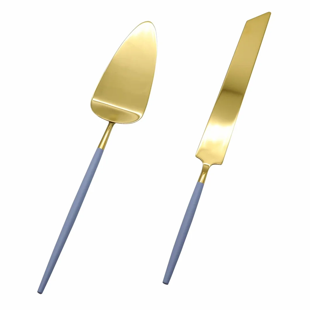 Koyal Wholesale Ensemble couteau et pelle à gâteau de mariage bleu poussiéreux, ensemble moderne de découpe de gâteau pour mariage, ensemble de découpe de gâteau minimaliste pour décoration de gâteau