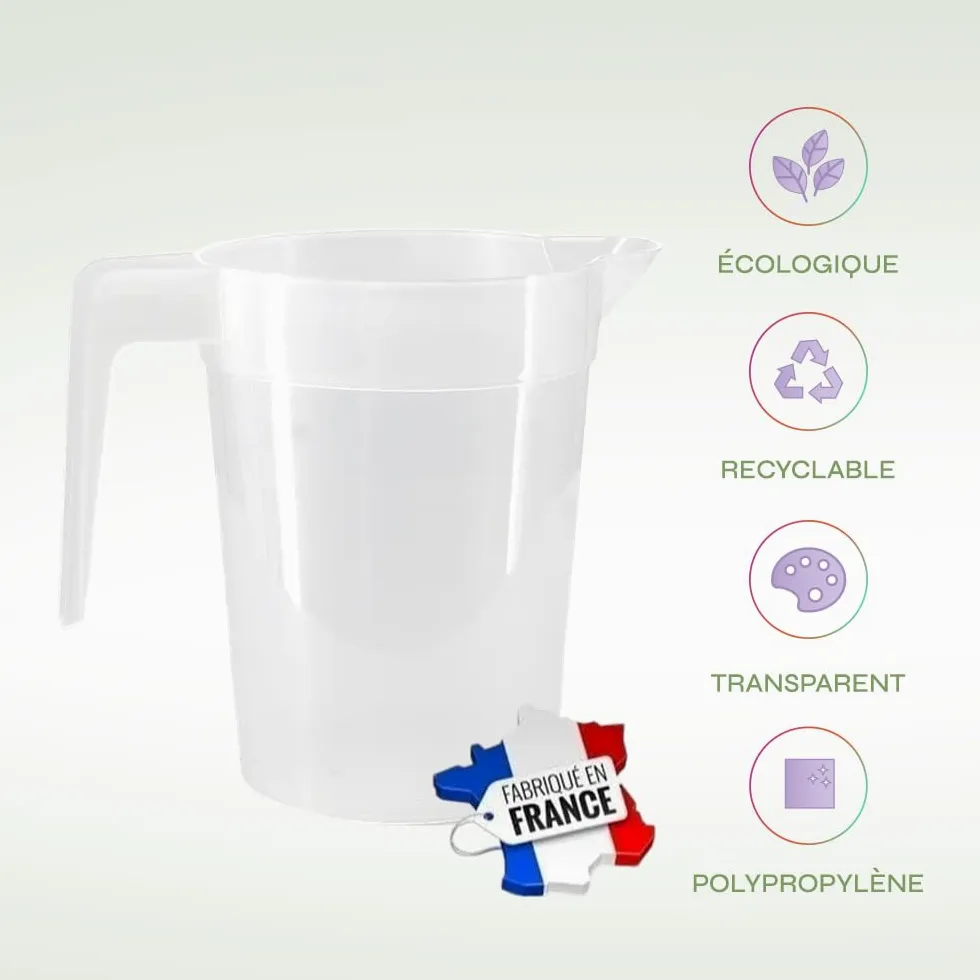 SPARKLERS CLUB Lot de 20 Pichets Réutilisables 1,5L en PP Alimentaire - Haute Résistance, Empilables, Compatibles Lave-Vaisselle (150 Lavages) - Parfait pour Événements et Collectivités