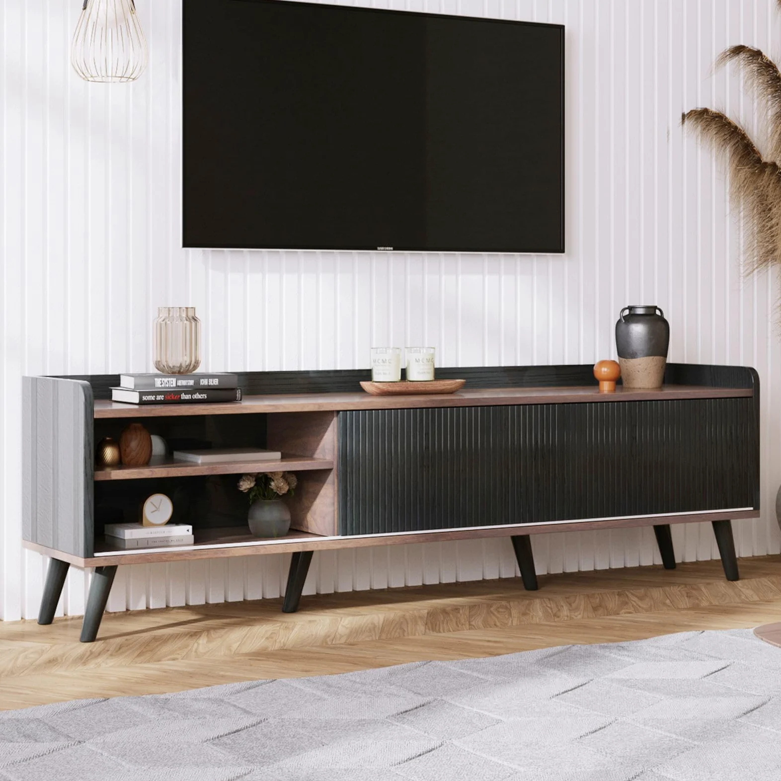 KOMHTOM Armoire TV en bloc de couleur noir/blanc et bois, buffet avec 2 tiroirs et 2 compartiments de rangement spacieux, armoire polyvalente pour salon, chambre à coucher et salle à manger (noir)