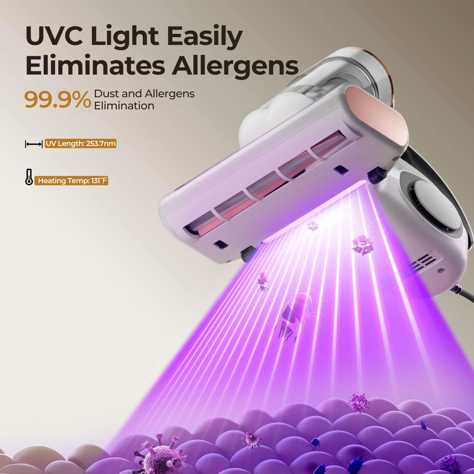 JIGOO J300 Aspirateur Matelas: Anti-Acariens et Poils d'animaux, Capteur Intelligent et Lampe UV, 500W pour Lit et Canapé, Élimine Les Allergènes