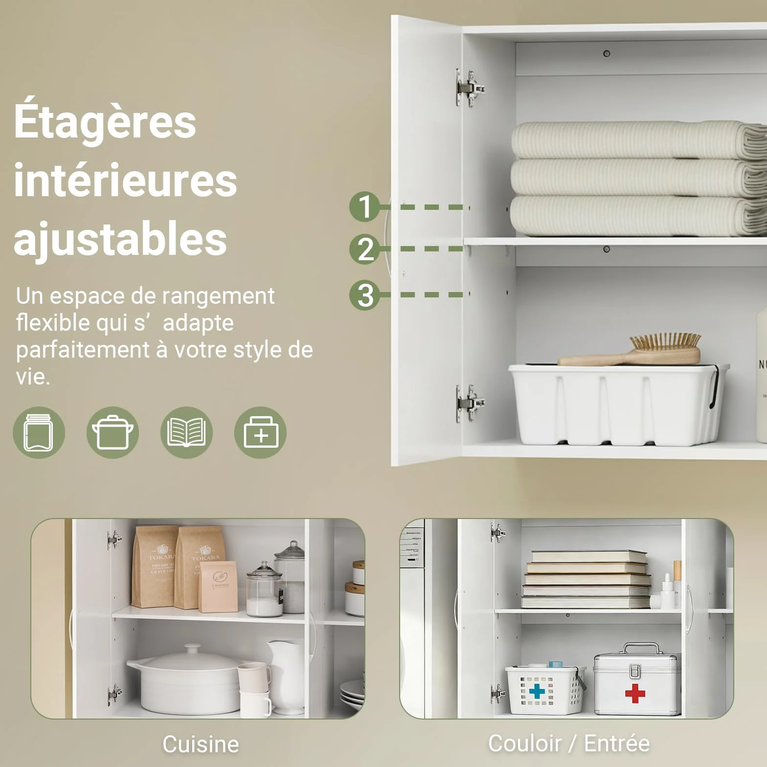SoBuy Meuble Haut Cuisine avec 3 Portes & Étagères Réglables, Placard Cuisine Mural en MDF, Armoire Murale Cuisine pour Épices, Meuble Suspendu Cuisine, Charge 36kg, Blanc, 90x30x60cm, FRG231-L-W