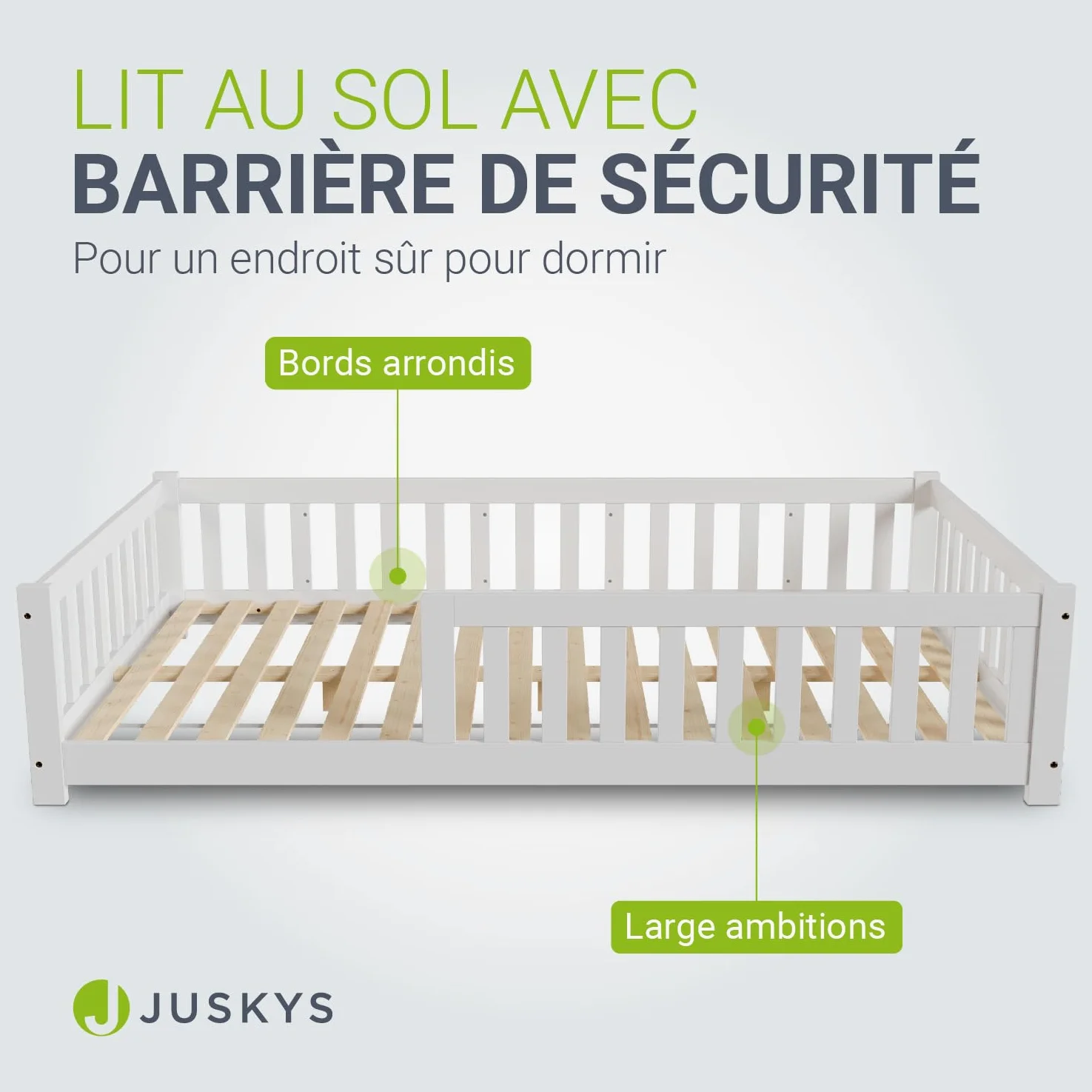 Juskys Lit au Sol Enfant Naya 120x200 cm avec Barrière de Sécurité et Sommier à Lattes, Lit à barreaux Montessori en Bois Massif Pin pour Enfants et Adolescent, Blanc