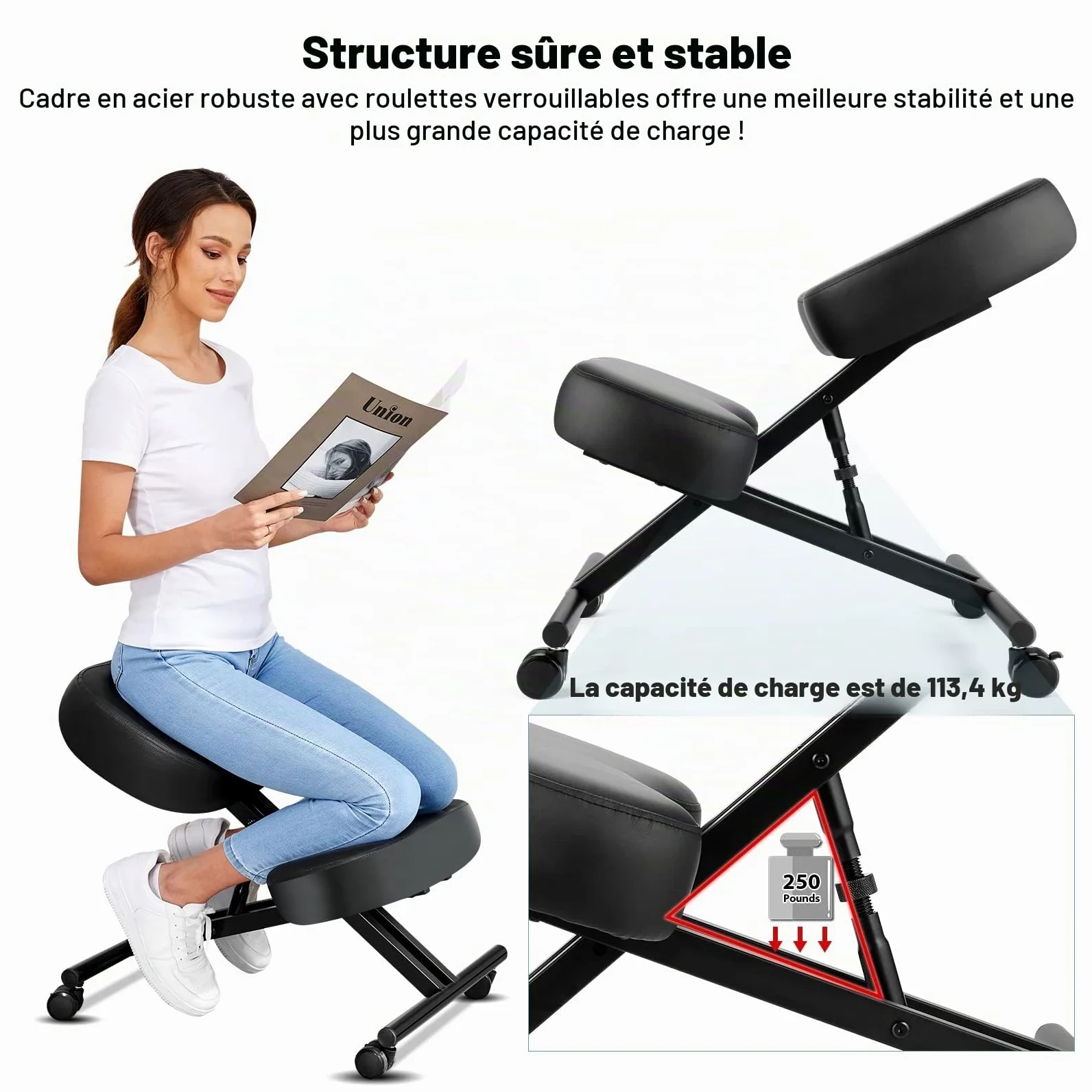 Chaise à Genoux de Bureau Ergonomique, Tabouret Genoux pour la Maison et Le Bureau, Chaise pour Ordinateur avec roulettes, Réglable Hauteur, Structure de Métal, Faux Cuir, Rembourrée