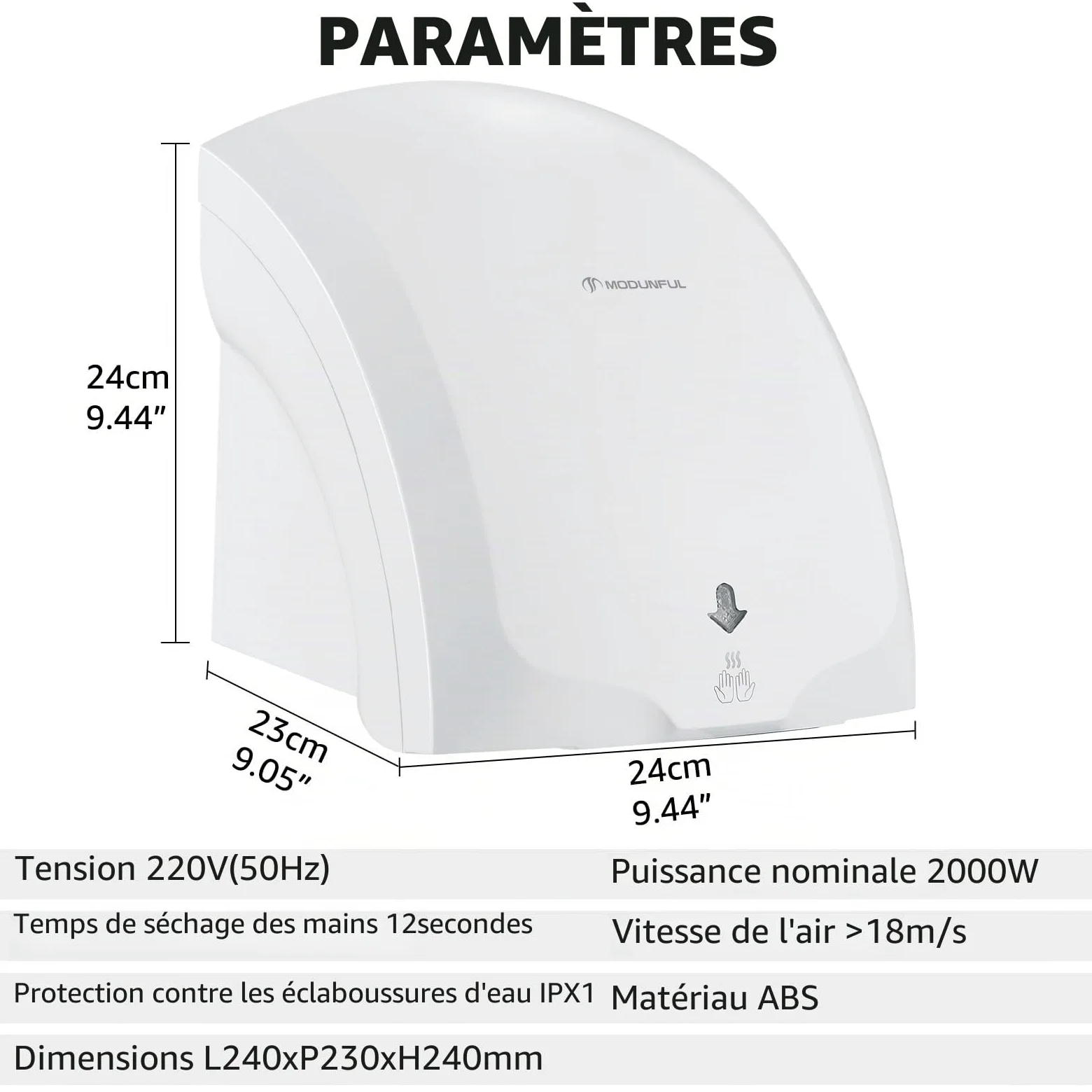 modunful Sèche-mains automatique mural Avec lampe témoin, séchage par vent chaud et froid, compact classique Commercial 220V 2000W Blanc