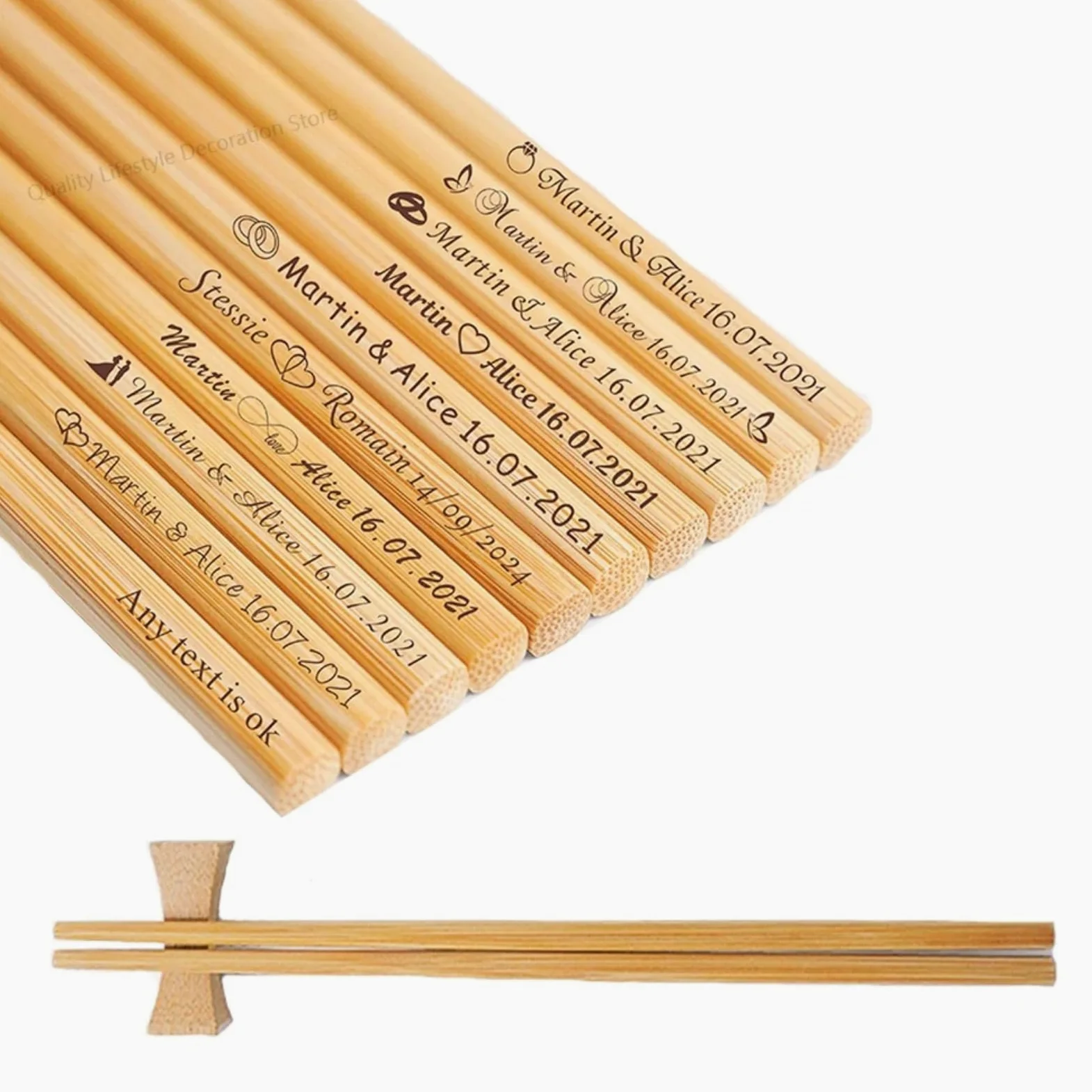 Lot de 10 à 200 paires de baguettes gravées personnalisées en vrac pour invités - Cadeau de couple pour anniversaire, fête prénuptiale (150 paires)