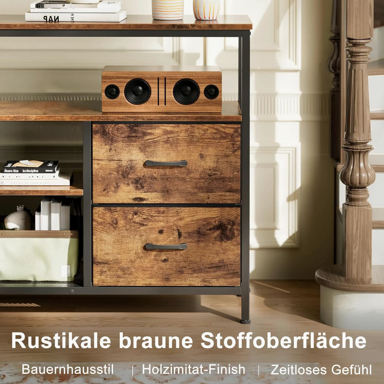 BestAlice Meuble TV Vintage avec éclairage LED, casier avec 4 tiroirs et 3 étagères, Cadre en Fer et Meuble TV à Panneaux de Particules, Pieds réglables en Hauteur(108cm-B)