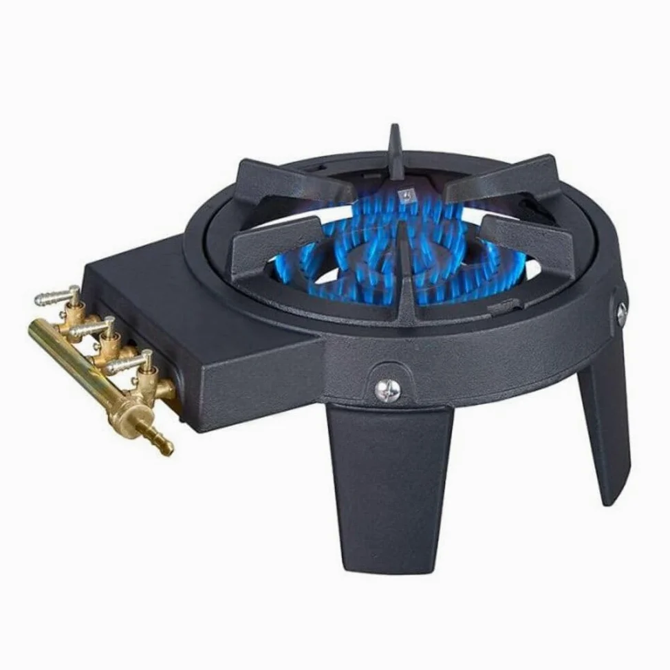 Réchaud à Gaz en Fonte Véritable 9kW Noir – 2 Brûleurs Puissants pour Grands Volumes – 3 Pieds Robustes, 3 Robinets en Laiton – Cuisson Extérieure Camping, Fête, Grosse Marmite, Alambic, Stérilisation