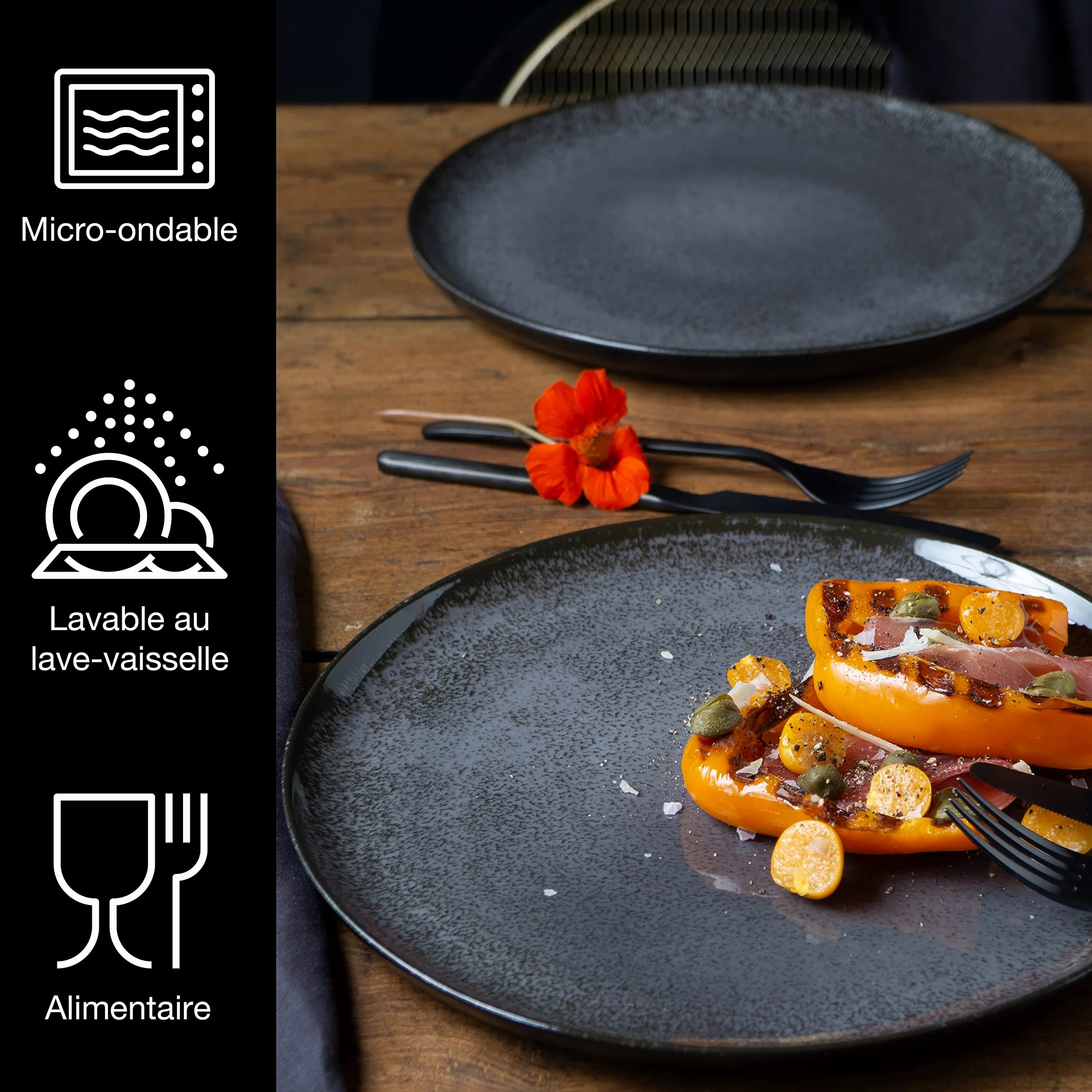 Moritz & Moritz VIDA Lot de 6 assiettes à dîner Anthracite - Assiettes pour 6 personnes - Porcelaine passe au lave-vaisselle et au micro-ondes