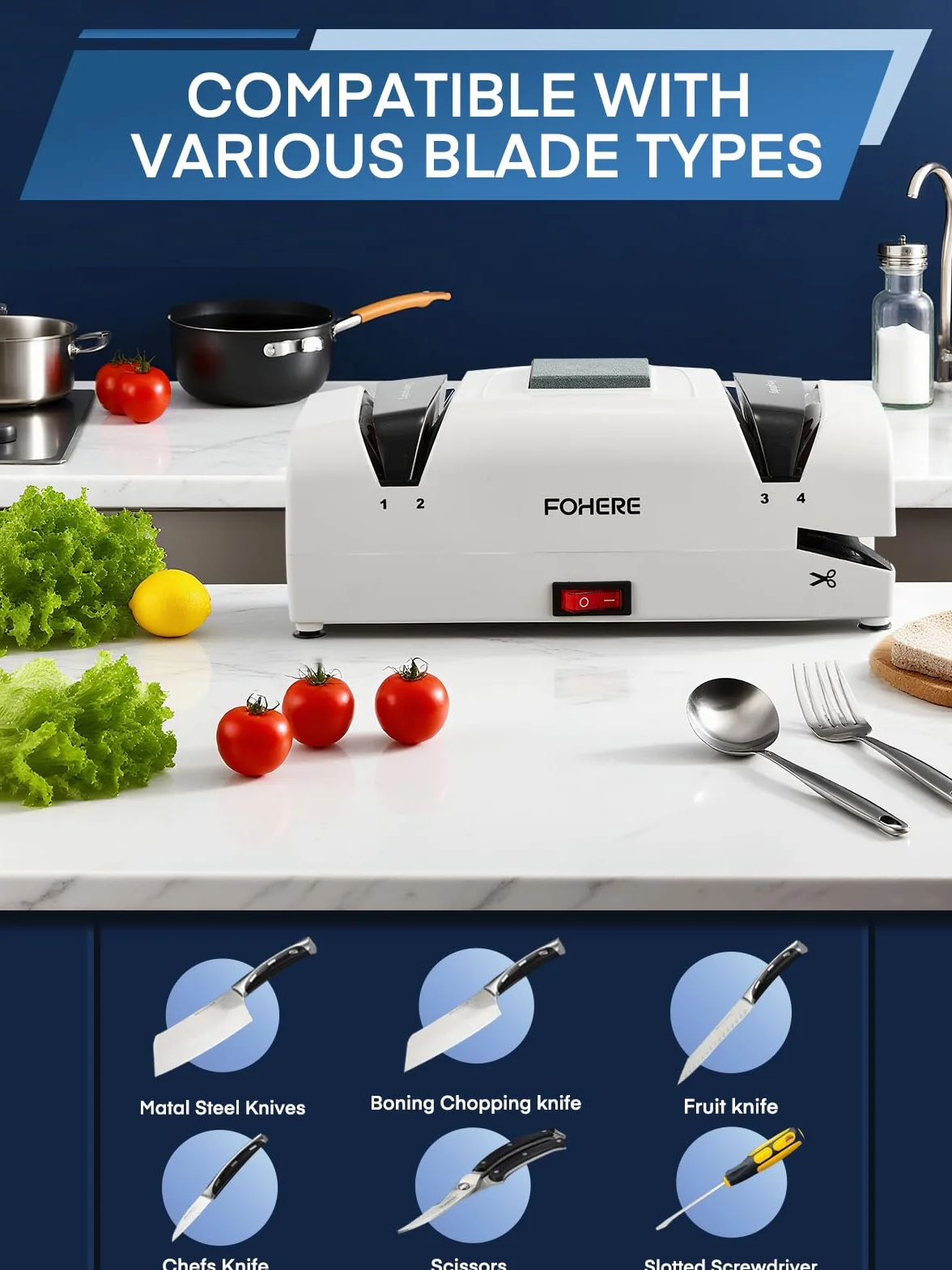 FOHERE Aiguiseur de Couteaux électrique 5 en 1, 2 Récupérateurs de Copeaux Magnétiques, 100% Diamant Abrasif pour Couteaux de Cuisine, Ciseaux et Petit Tournevis à Tête Plate.