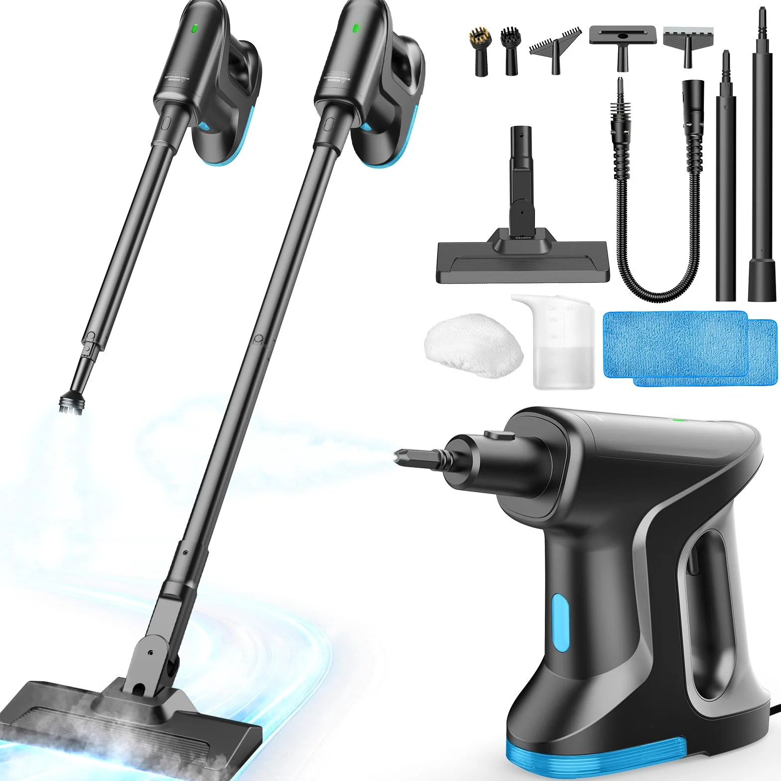 Nettoyeur Vapeur, Balai Vapeur démontable chauffe en 15s, 145℃ nettoyage à la vapeur sans produits chimiques, Steam Cleaner Portable pour Parquets Carrelages Joints Fenêtres Salles de Bains Cuisines