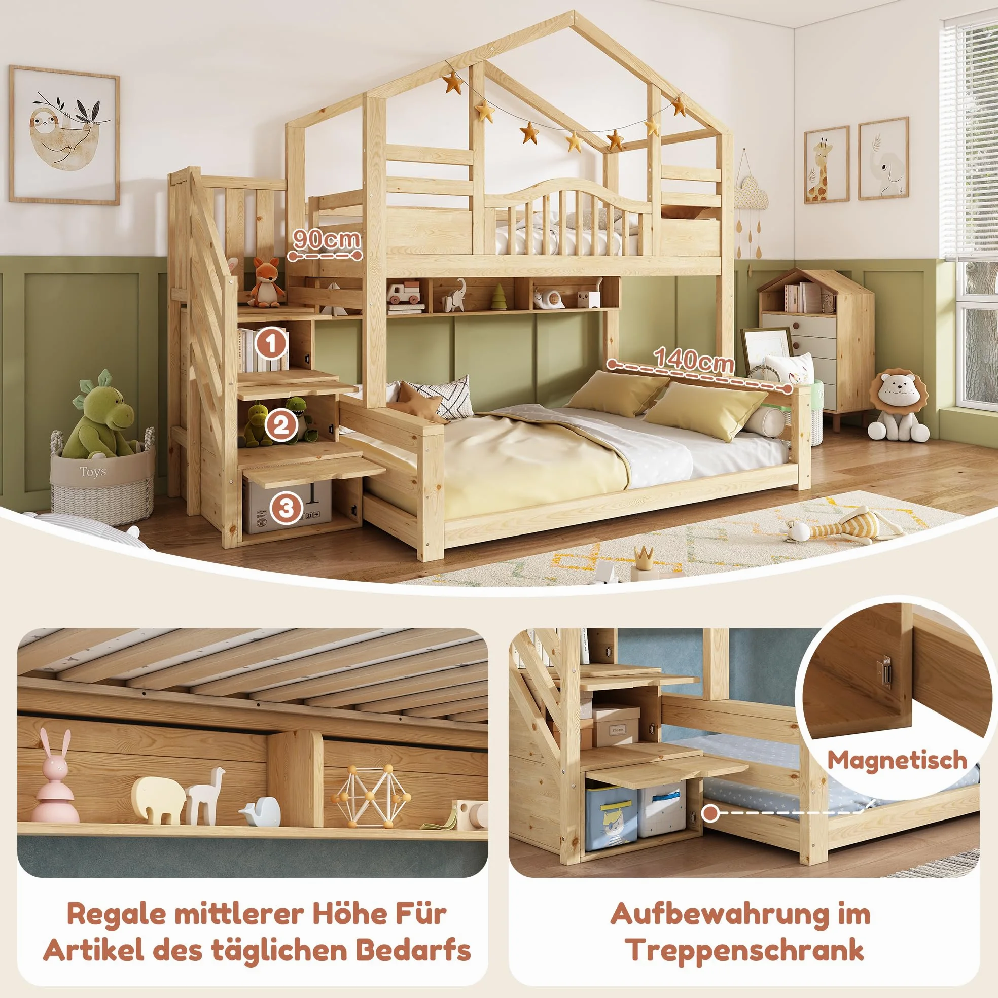 Lit Superposé en Bois pour Enfants 90x200 Et 140x200 Cm avec Rangements Hydrauliques, Escalier-BibliothèQue BarrièRes De SéCurité Et Port USB-C, Lit Familial DéCalé (Naturel, 254x145x206cm)