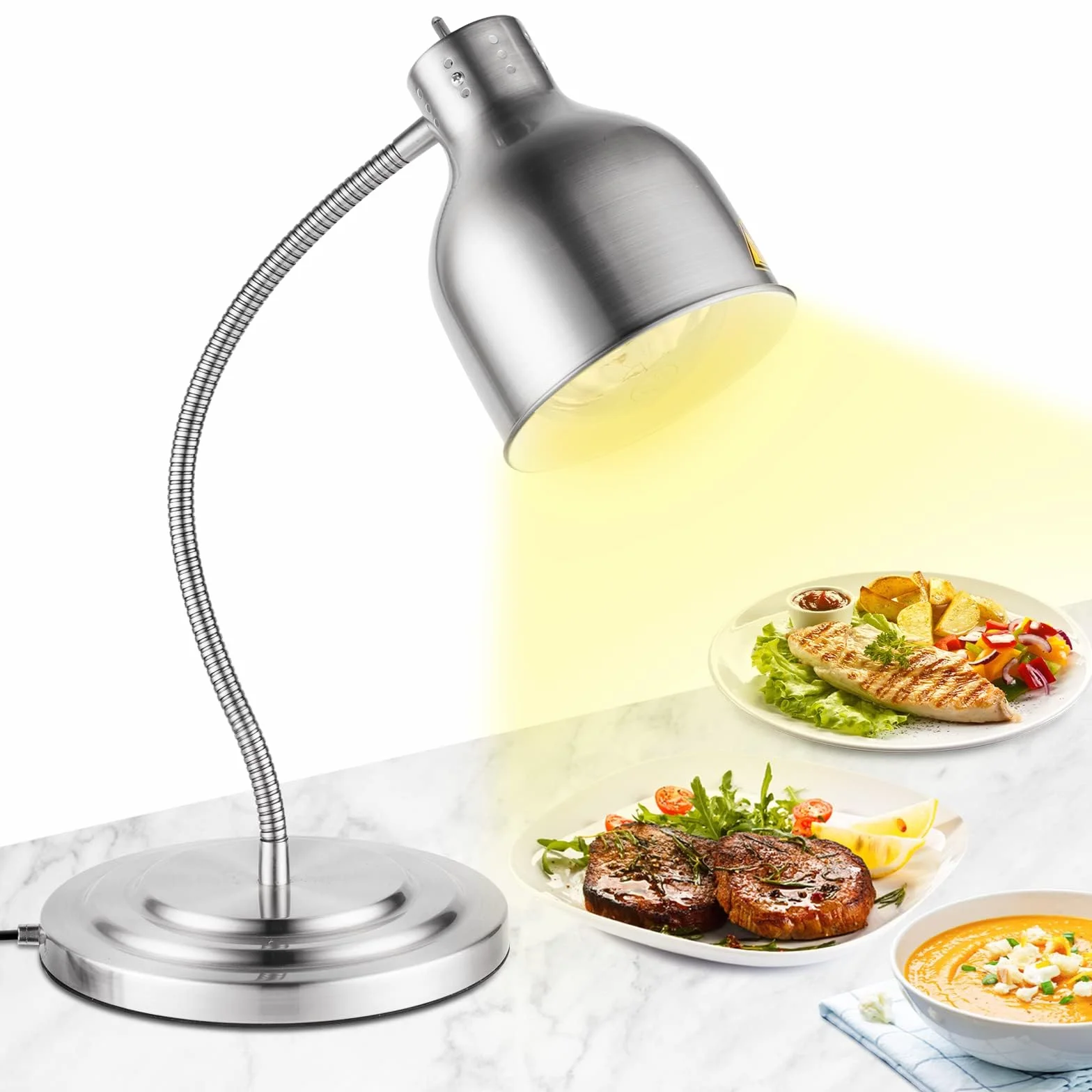 YJINGRUI Lampe chauffante pour Aliment Autonome 250W, argentée, avec Tuyau Extensible jusqu'à 70cm pour Buffet, Cuisine ou Restaurant (Ampoule Simple).