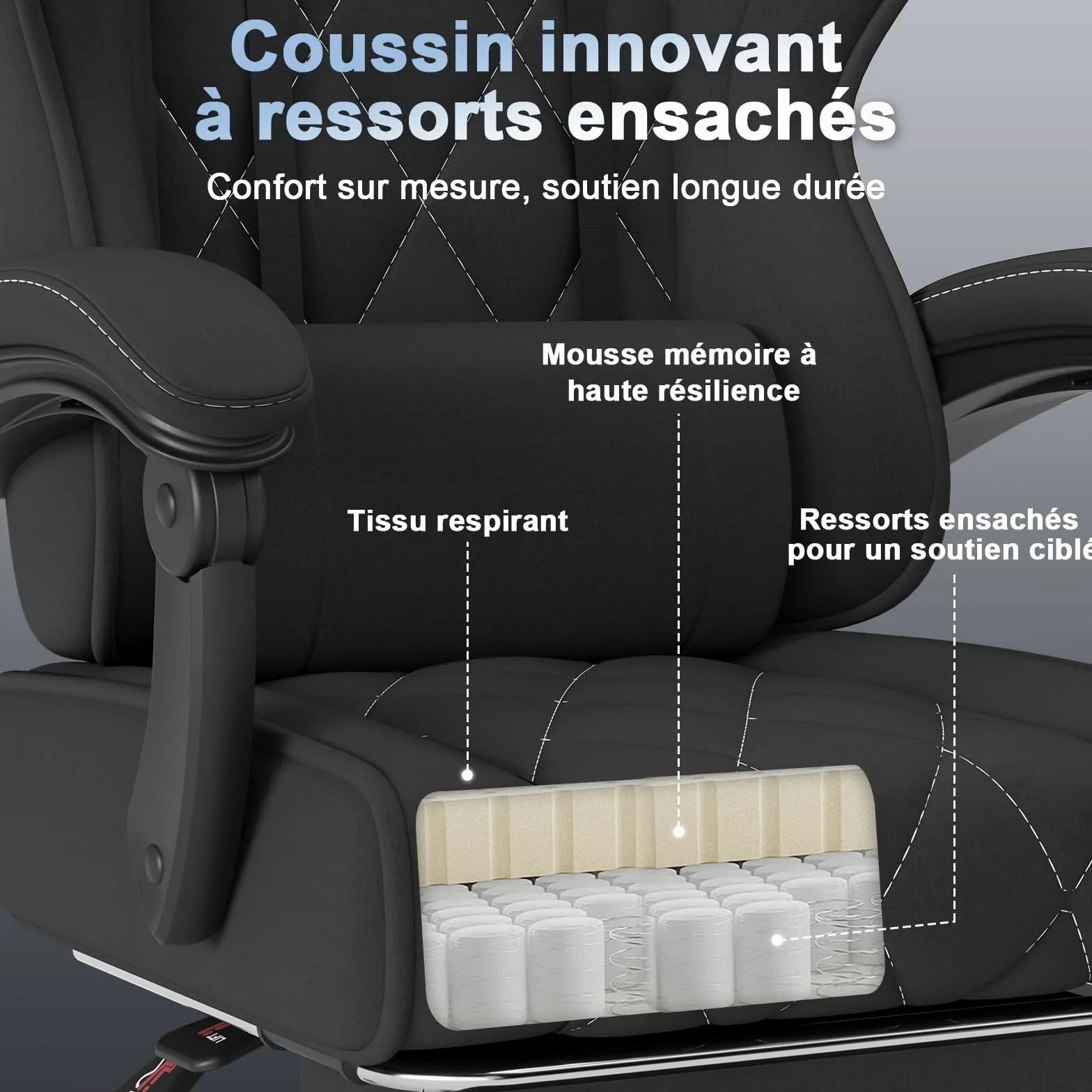 Devoko Chaise Gaming Ergonomique en Tissu, Chaise Bureau Gamer avec Repose-Pieds, Dossier Inclinable, Hauteur Réglable, Massage Lombaire, Fauteuil Gamer Respirant et Anti-Griffes pour Chat, Noir