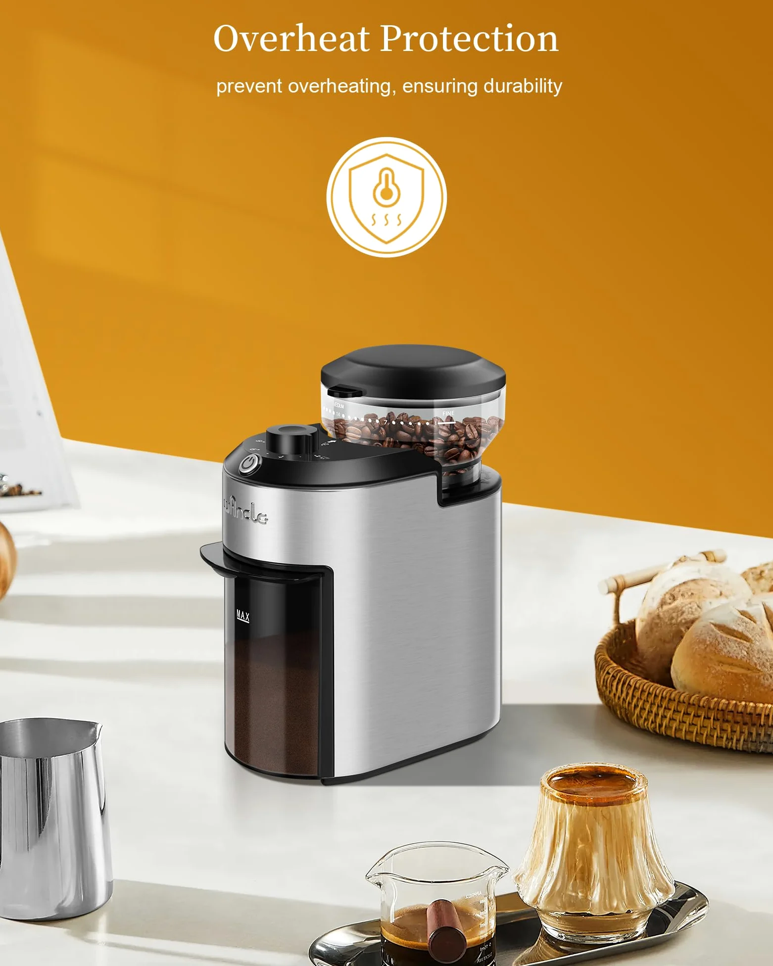 Moulin à Café à Meule Wancle 200W avec 28 Réglages de Mouture, Protection Contre la Surchauffe, Capacité de 2 à 12 Tasses, Design Compact pour un Rangement Facile, Acier Inoxydable, 220V