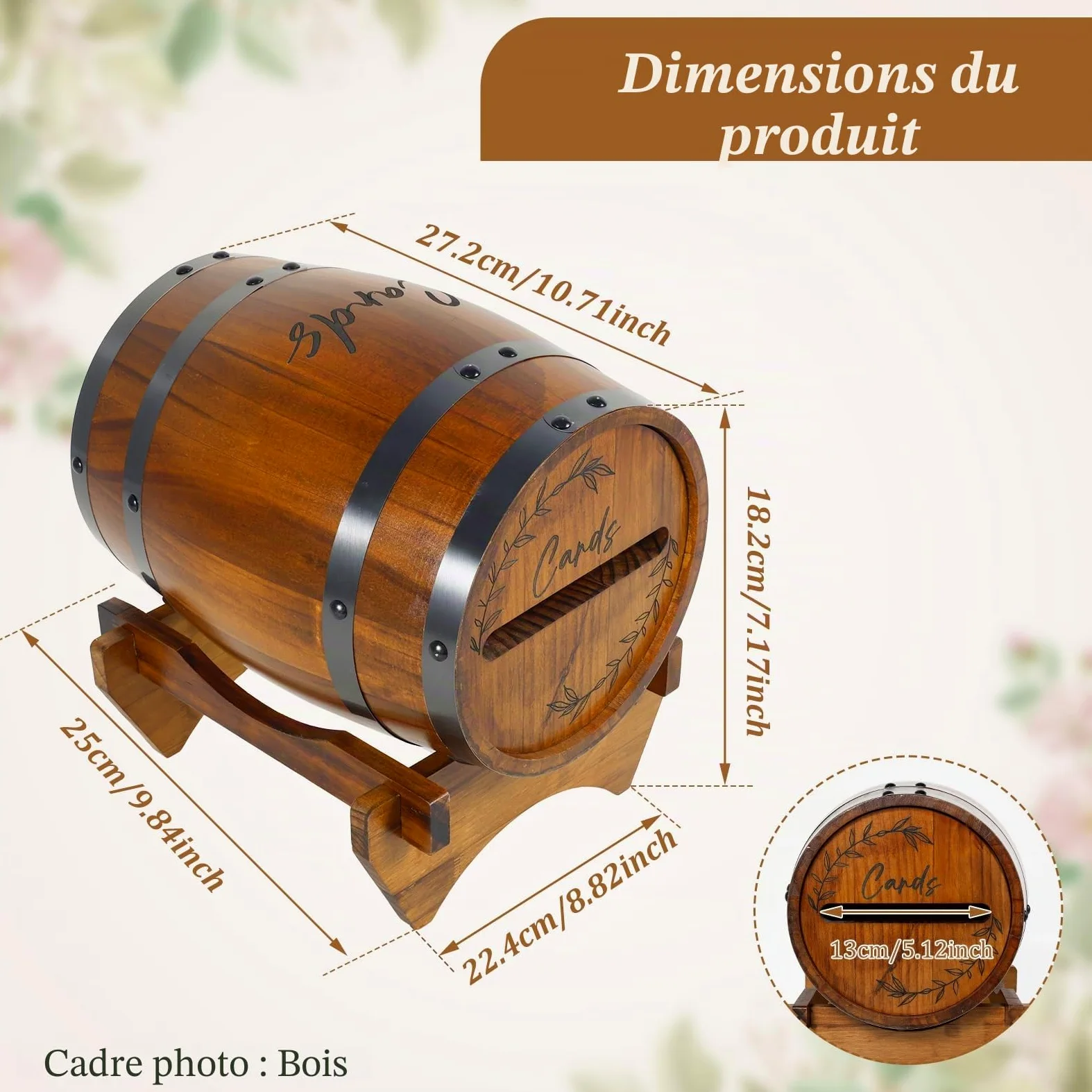 Boîte de rangement en bois pour cartes de mariage en forme de baril de whisky - Housse de rangement pour argent - Housse pour mariage, douche nuptiale, fête d'anniversaire - Décor (brun)