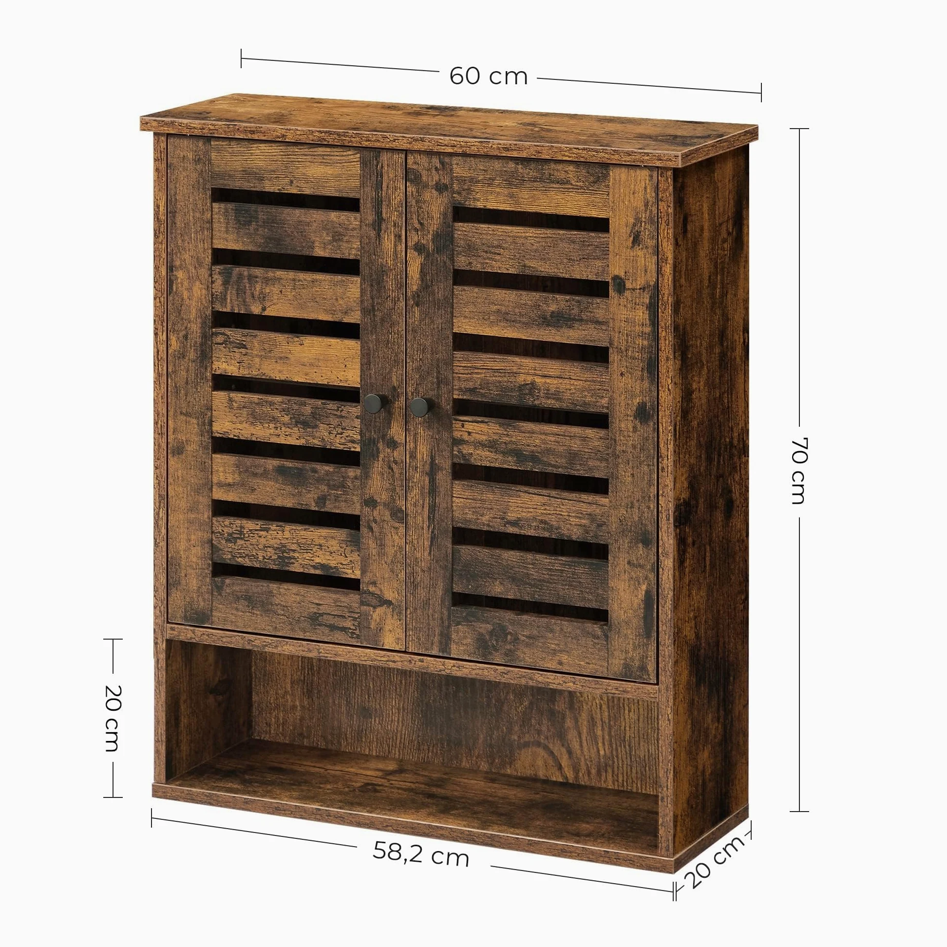VASAGLE Meuble de Rangement Suspendu pour Salle de Bain, Armoire à Pharmacie, Placard, Compartiment Ouvert, étagère réglable en Hauteur, 60 x 20 x 70 cm, Marron Rustique BBK121X01