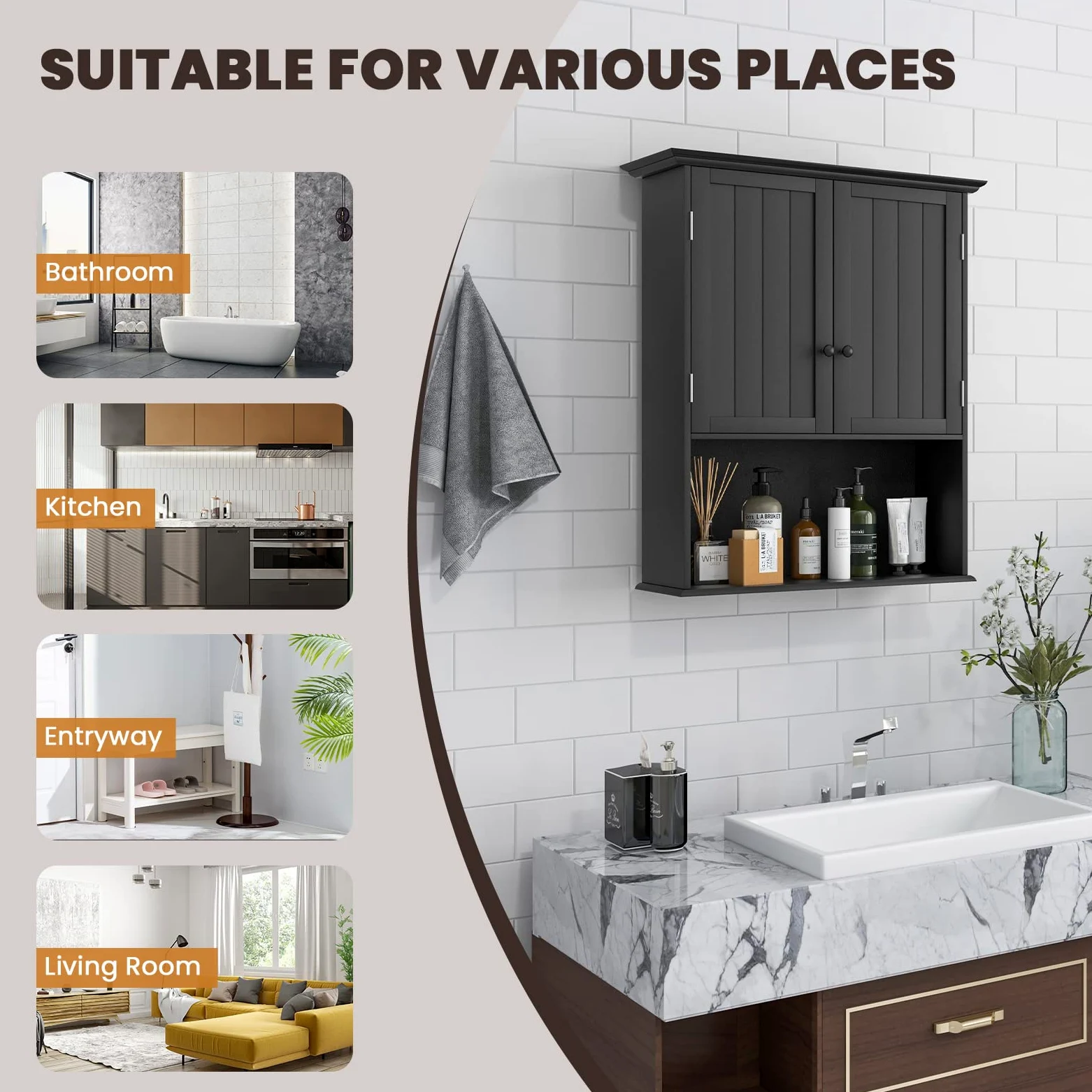LIFEZEAL Armoire Murale Salle de Bain, Meuble Rangement Mural avec Etagère Réglable et 2 Portes, Placard de Rangement en Bois 60x20x70,5 CM, pour Cuisine, Salon, Chambre, Noir