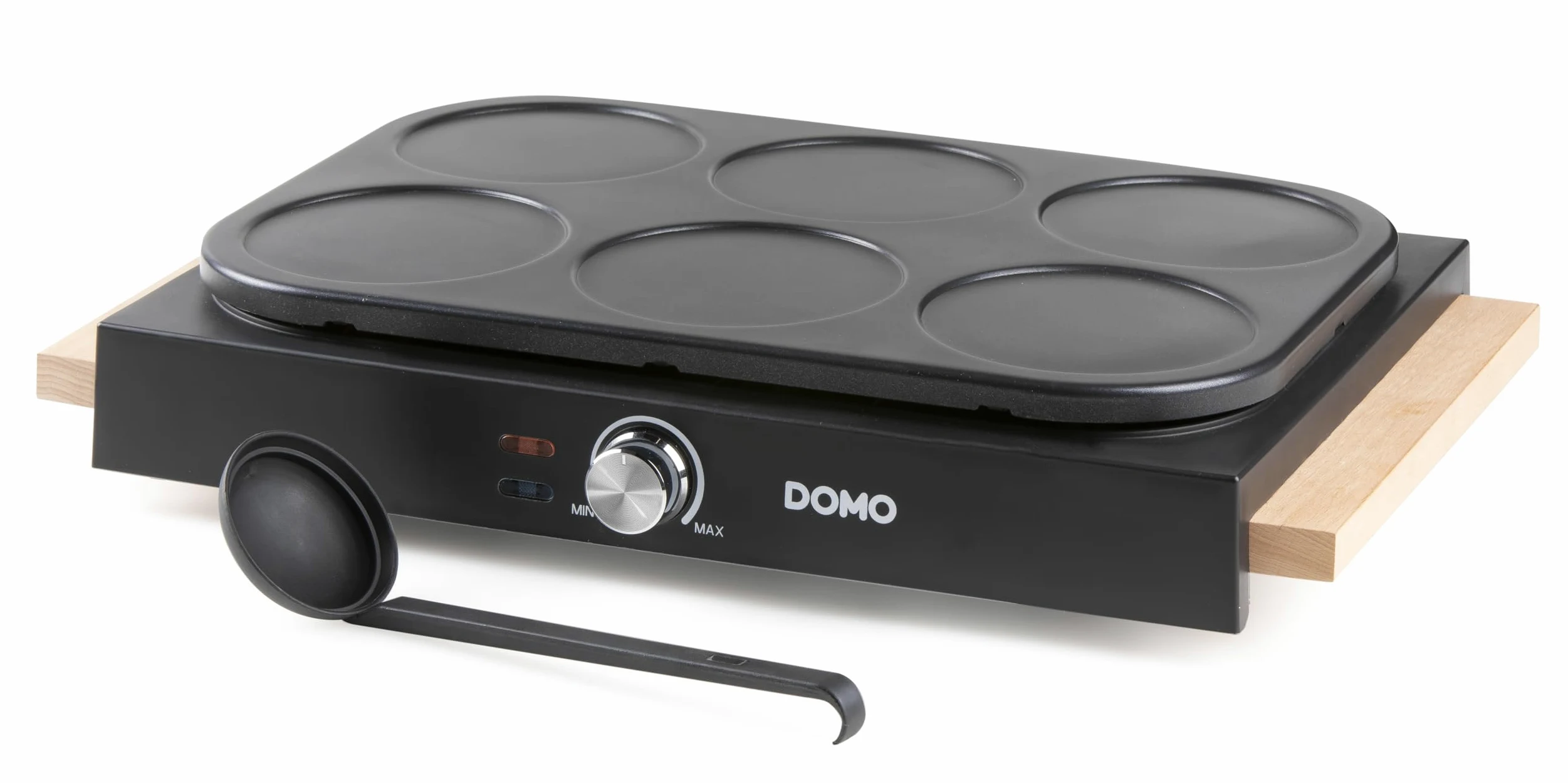DOMO DO8717PN Pancake Maker avec Design en Bois - PFAS FREE - Crepiere Electrique - Inclusive spatules en bois et louche - 6P