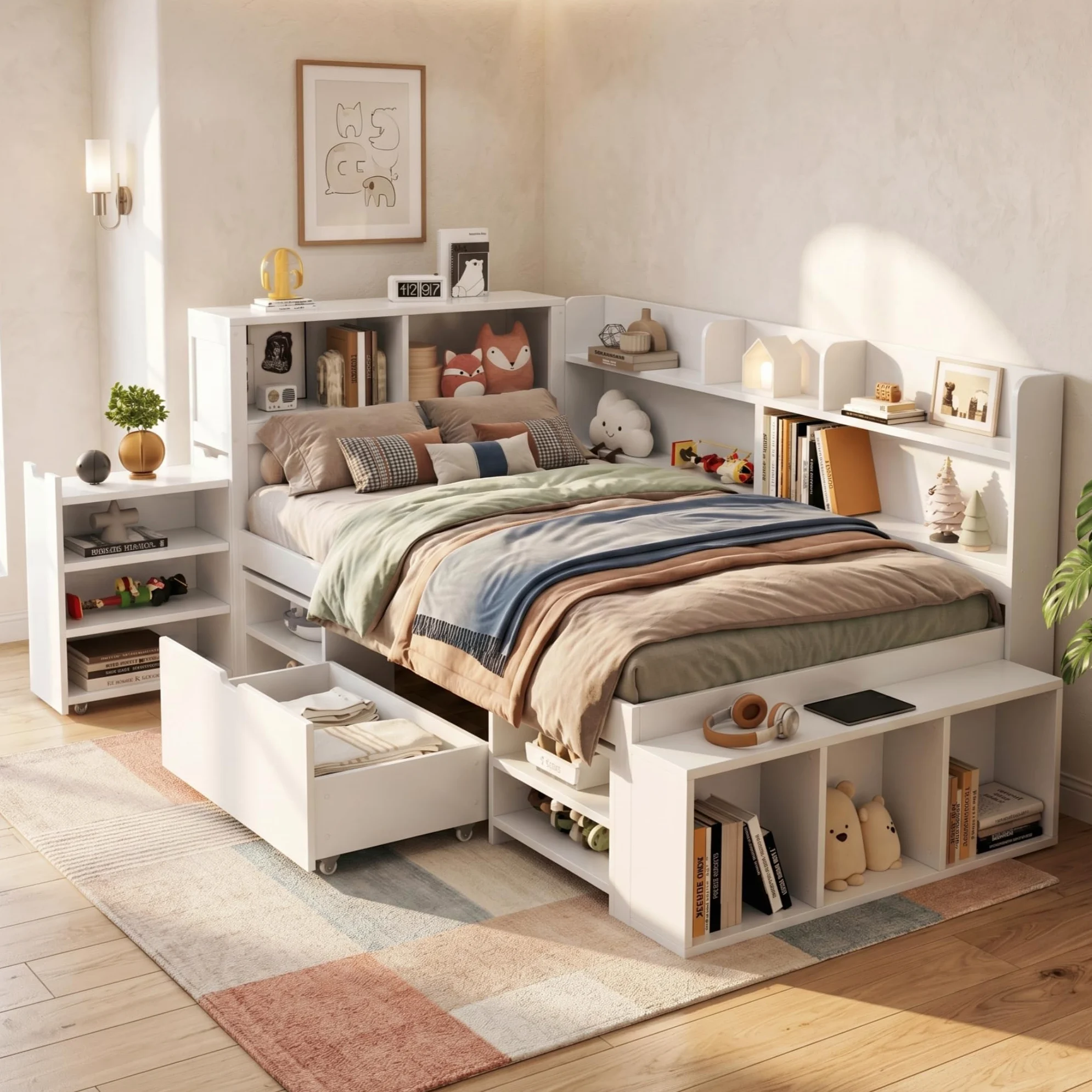Lit Enfant 140x200 cm avec Rangement, Cadre de Lit Enfant Multifonctionnel avec Tiroirs, Bibliothèque Intégrée et Casier de Rangement, Structure en Métal avec Sommier à Lattes, Blanc