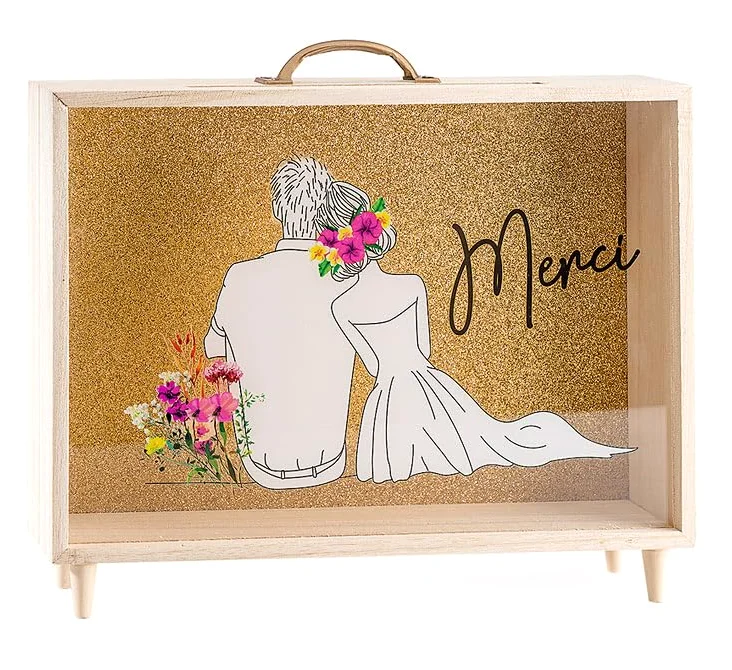 Générique Urne de Mariage en Bois Style Mallette, Fond Doré Pailleté avec Feuillage, 35 x 28 x 7,5 cm, Inscription Merci (Couple Mariés Bucolique Fond Or)