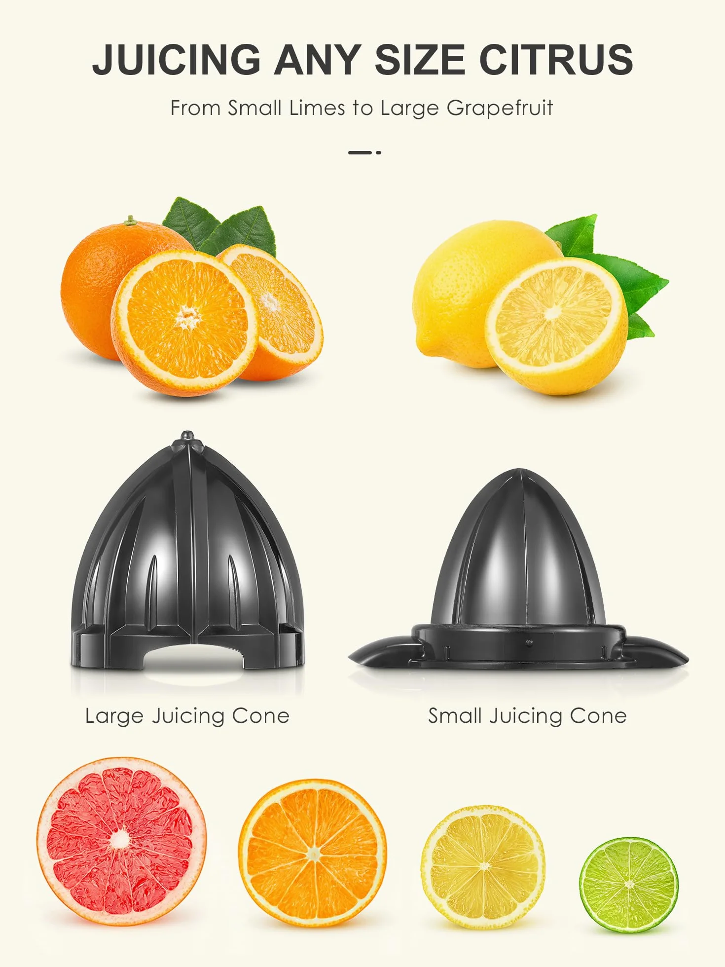 Vinato Presse agrumes électrique, presse-orange électrique avec 2 cônes interchangeables, lavable au lave-vaisselle, sans BPA, Presse agrumes électrique pour orange, citron et pamplemousse