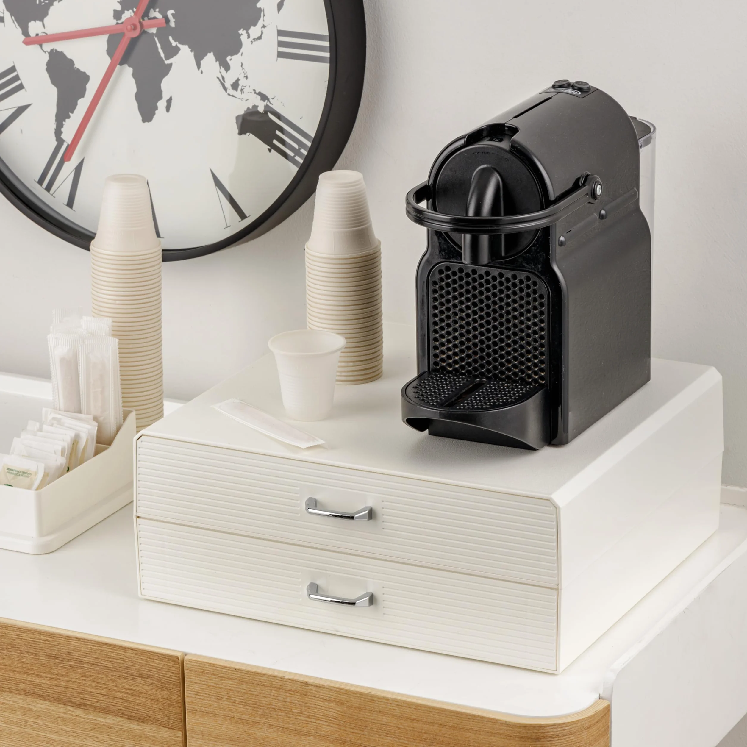 Baroni Home Tiroir Porte-Dosettes de Café, Organisateur Universel 30 capsules Nespresso et Dolce Gusto, pour accessoires et thé, Compact en Plastique Résistant, 2 Tiroirs, 34x13x34 cm, Blanc