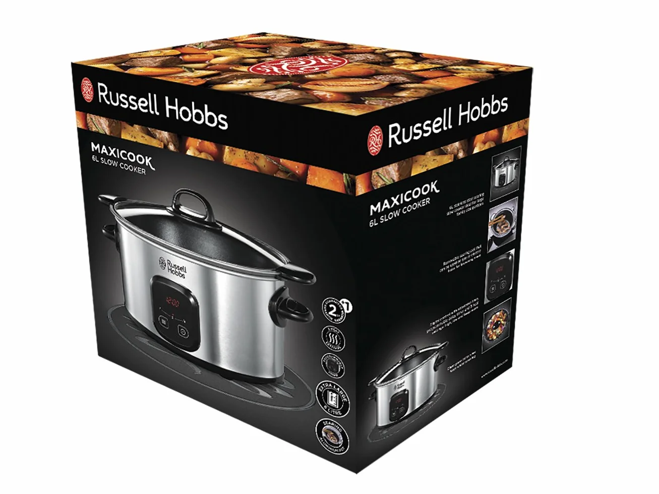 Russell Hobbs Mijoteur Electrique [Familial] Maxicook (6 L, Cuve 2 en 1 en ceramique amovible: cuisson sur plaque ou brûleur à gaz, Commande digitale, 3 réglages de cuisson, Base en inox) 22750-56