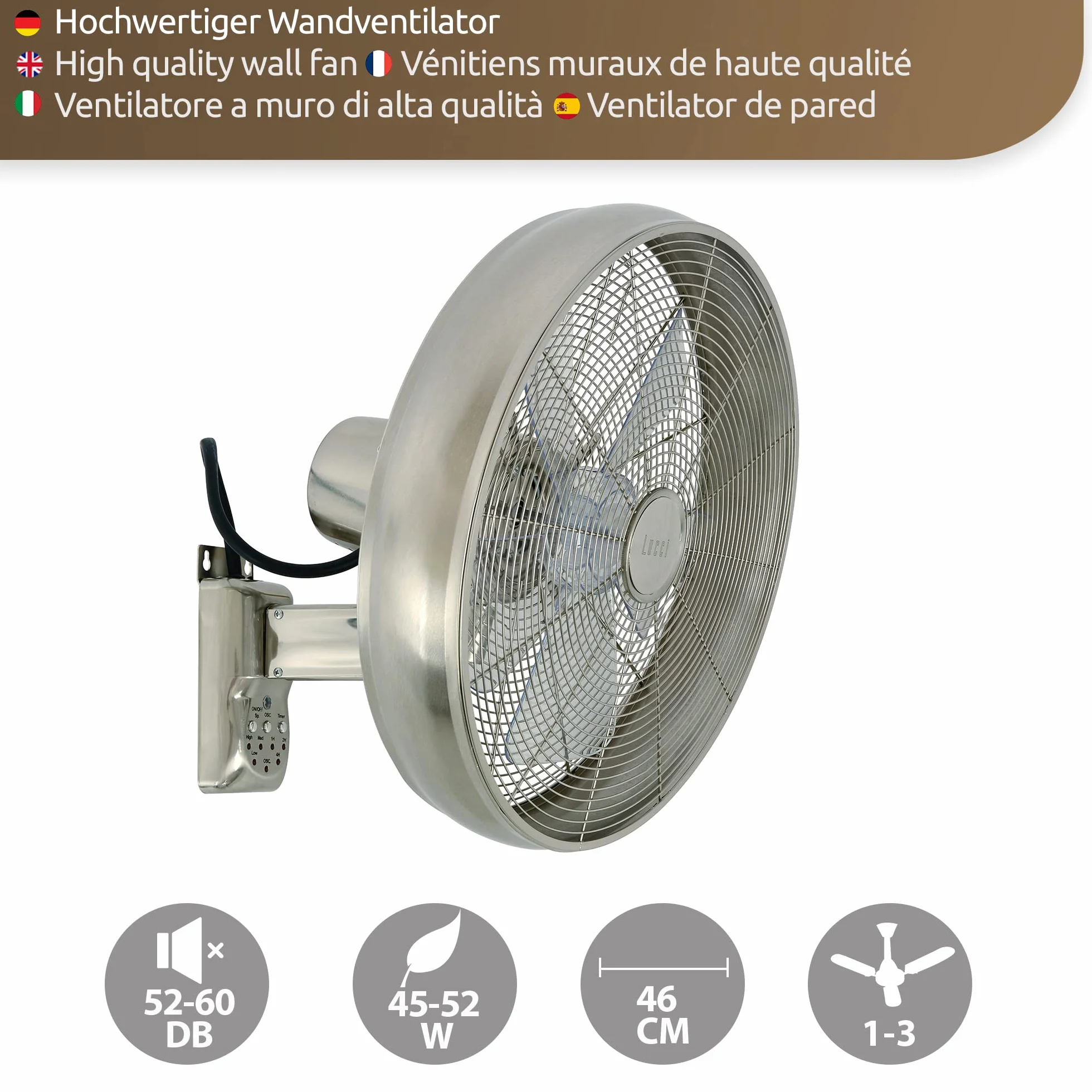 LUCCI AIR Ventilateur mural Breeze avec télécommande, ventilateur mural pivotant automatique, Ø 46 cm, acier