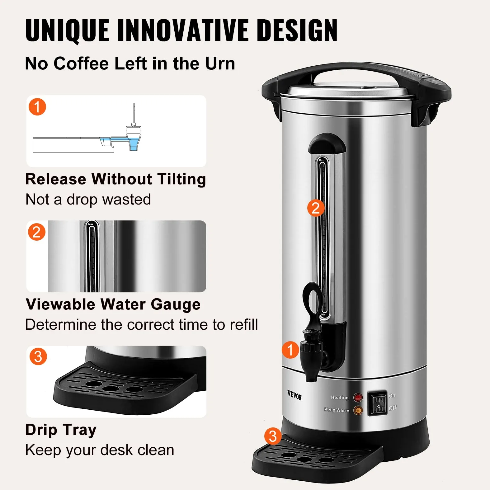 VEVOR Percolateur à Café 16,4 L 110 Tasses Distributeur de Boissons Chaudes en Acier Inoxydable Filtre Permanent Marmite à Vin Chaud 90-98 ℃ Maintenu Infusion Rapide Appareil Chauffe Eau Thé Chocolat