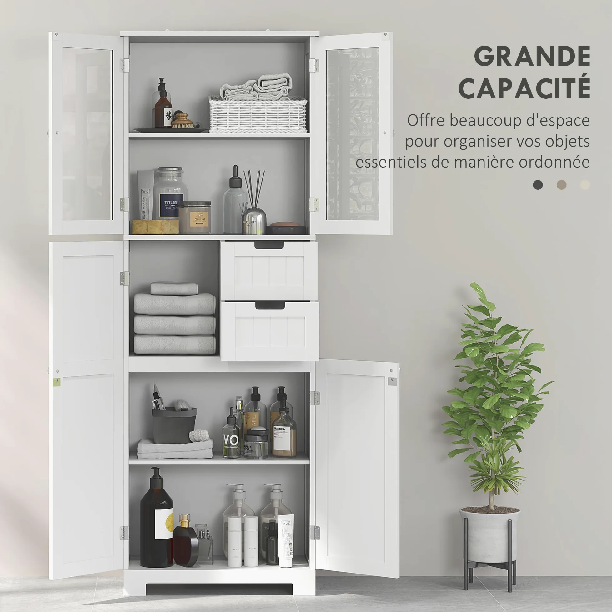 HOMCOM Meuble de Salle de Bain Haut, Meuble de Rangement, Colonne Salle de Bain avec 4 Portes Dont 2 vitrées, 2 tiroirs et étagères réglables, Style Moderne, pour Salon, Chambre, 60x30x170cm, Blanc