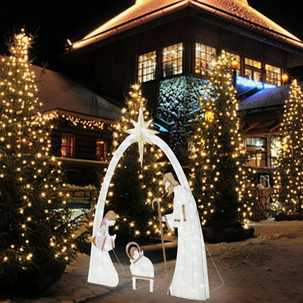 Crèche de Noël Lumineuse d'Extérieur 1,5 m, Décoration pour Cour Familiale, Ensemble Sainte Famille avec Piquets pour Pelouse