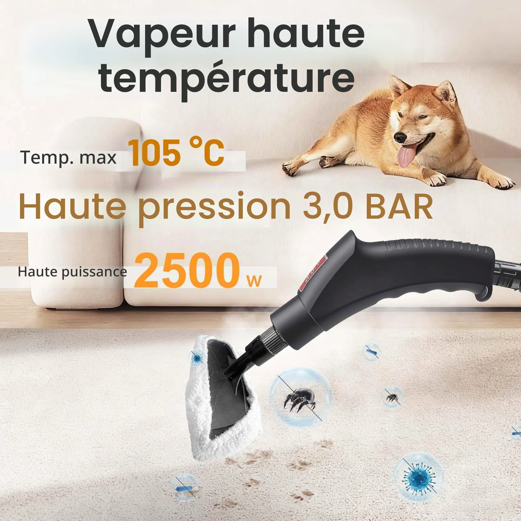 Nettoyeur à vapeur manuel 6 niveaux réglables, chauffe 10–15s, réservoir 1,2 L, 15 accessoires, nettoyeur haute pression sans chimie cuisine salle de bains sols voitures vitres