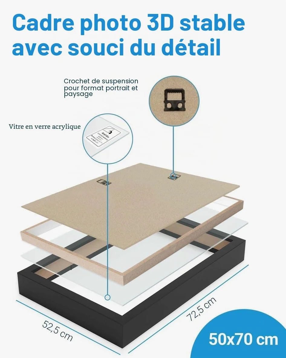 PHOTOLINI Cadre Photo 3D à remplir 50 x 70 cm Noir, Cadre boîte Profond, pour Objets jusqu'à 3 cm, Bois MDF, Verre Acrylique - pour Les Loisirs créatifs & comme Cadeau