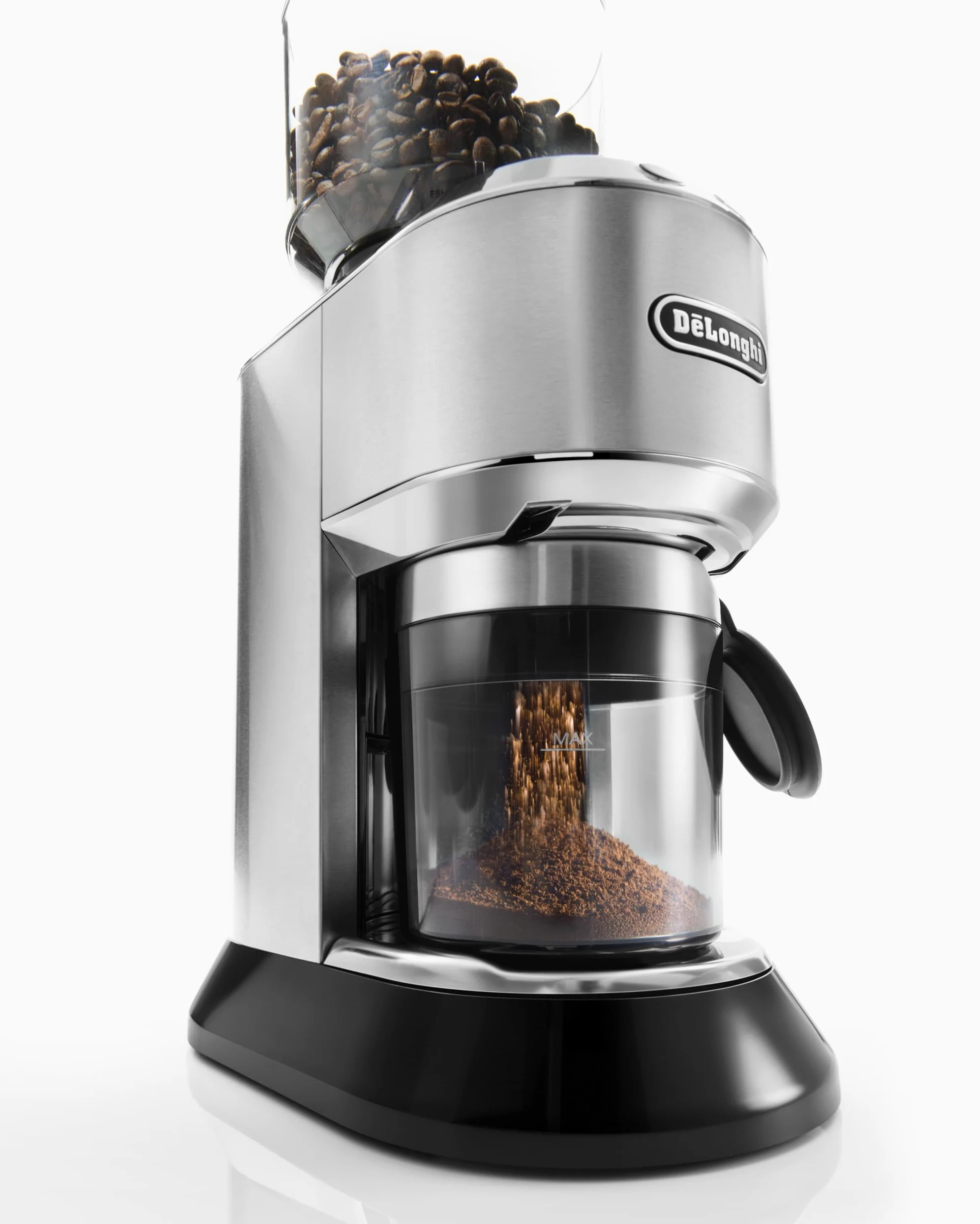 DeLonghi Moulin à café électrique Dedica KG 521.M, écran LCD 2,1 pouces avec fonction arôme, boîtier entièrement métallique, moulin à cône en acier inoxydable, réglage de mouture réglable, argent