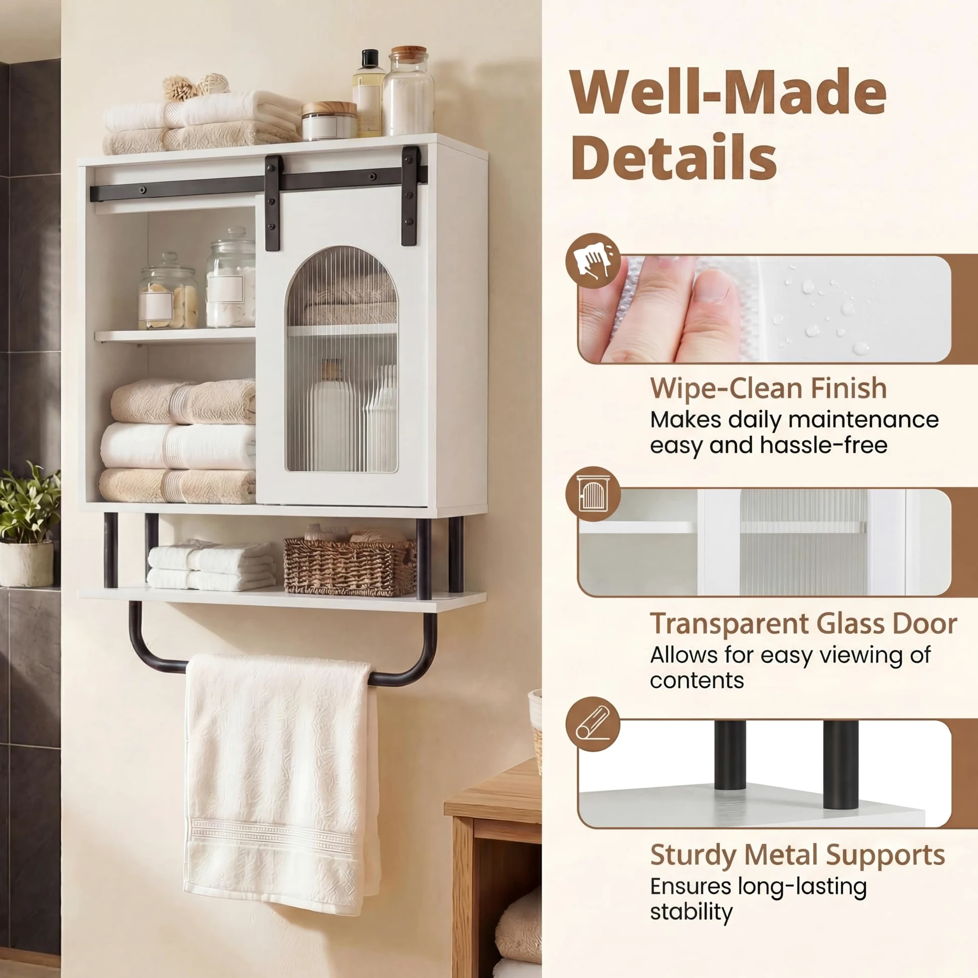 LIFEZEAL Armoire Murale de Salle de Bain, Armoire avec Porte-Serviettes et Compartiment Ouvert, Meuble Suspendu pour Salle de Bain, Cuisine, Salon, 50 x 20 x 70 cm (Blanc3)