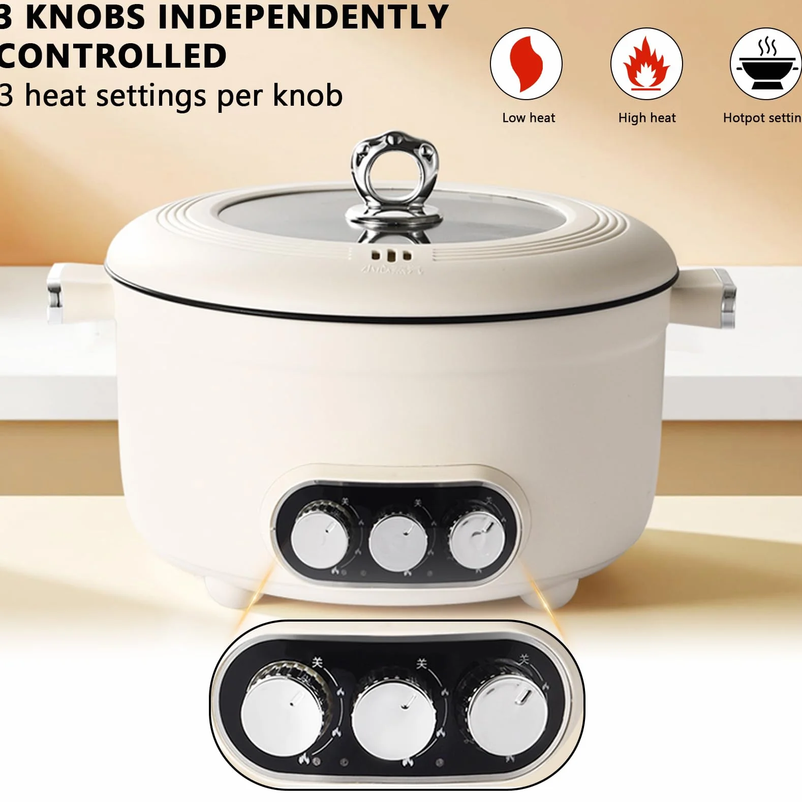 Hotpot Casserole électrique 5,3 l avec chauffage rapide et trois boutons rotatifs, 1600 W avec revêtement antiadhésif, 3 niveaux de réglage de la température, pour steak, fondue, légumes
