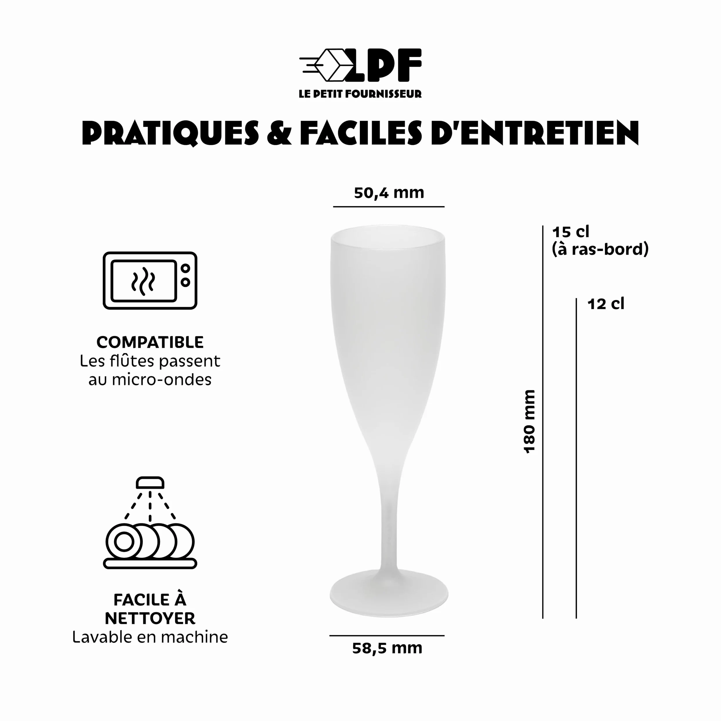 LPF LE PETIT FOURNISSEUR - Lot de 50 Flûtes à champagne réutilisables 12cl (15cl max) - Polypropylène plastique alimentaire - Verre à champagne durable - Compatible lave-vaisselle - Couleur givrée