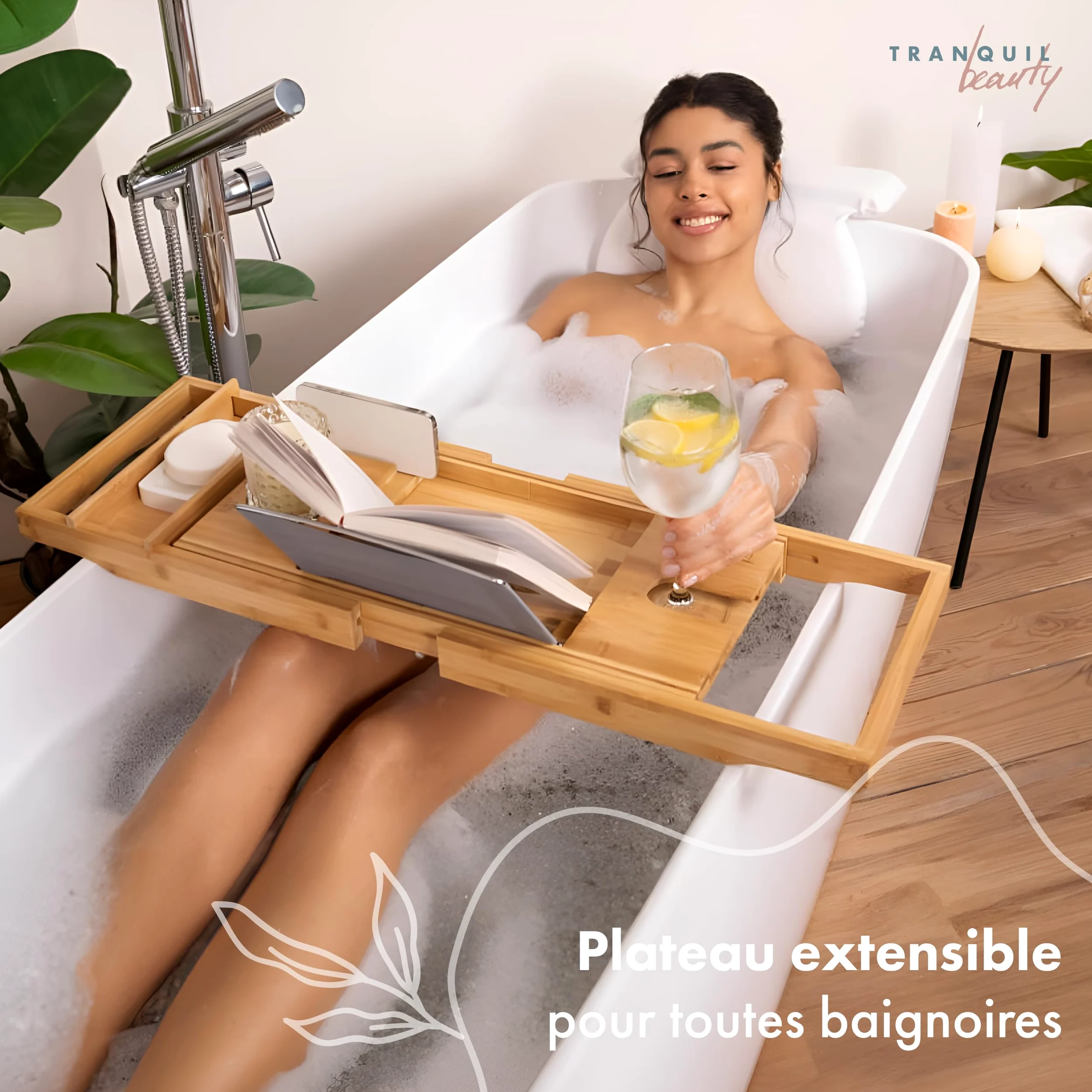 TranquilBeauty Panier de Bain Extensible | Plateau de Bain réglable avec Porte-vin en Bambou Naturel Durable | Planche de Bain en Bois de Luxe avec Support pour iPad, Tablette et téléphone