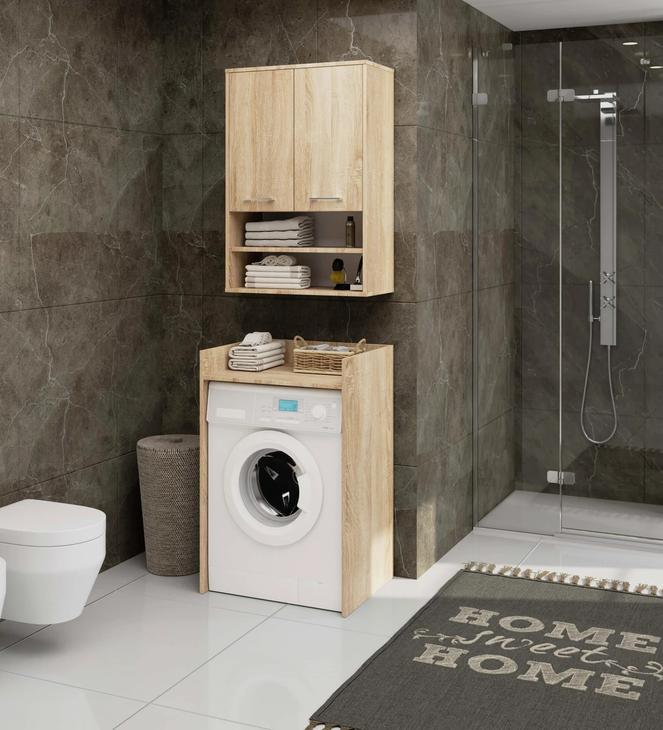 AKORD Meuble Salle de Bain Suspendu Fin 64 cm - 2 Portes, 2 Étagères 2 Compartiments Ouverts - Meuble Haut WC Meubles Suspendus - Armoire Murale Moderne 64x94x30 cm - Chêne de Sonoma