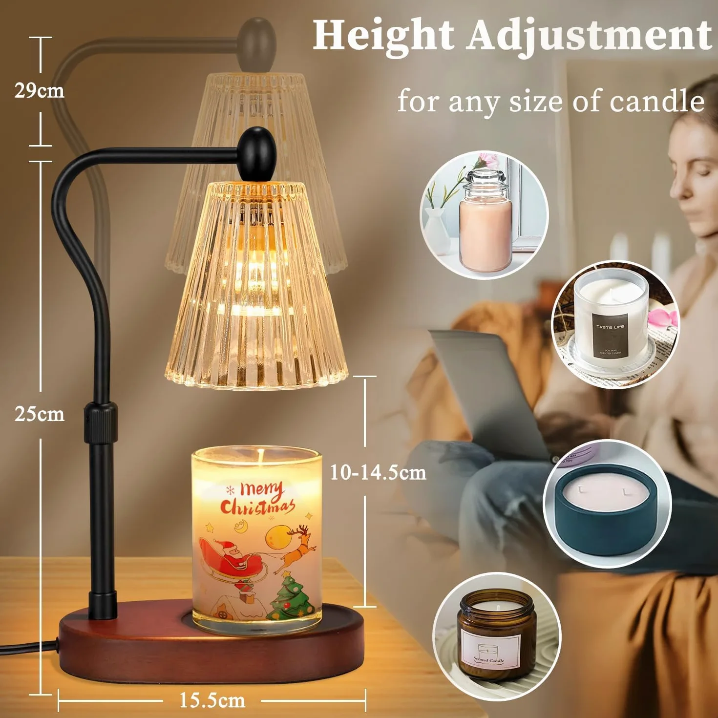 Loowoko Lampe Chauffe Bougie, Chauffage Bougie avec Minuterie et Variateur,Réglable en Hauteur,avec 2 Ampoules,Candle Warmer Lamp pour Bougies Parfumées en Verre, Maison, Chambre, Décoration