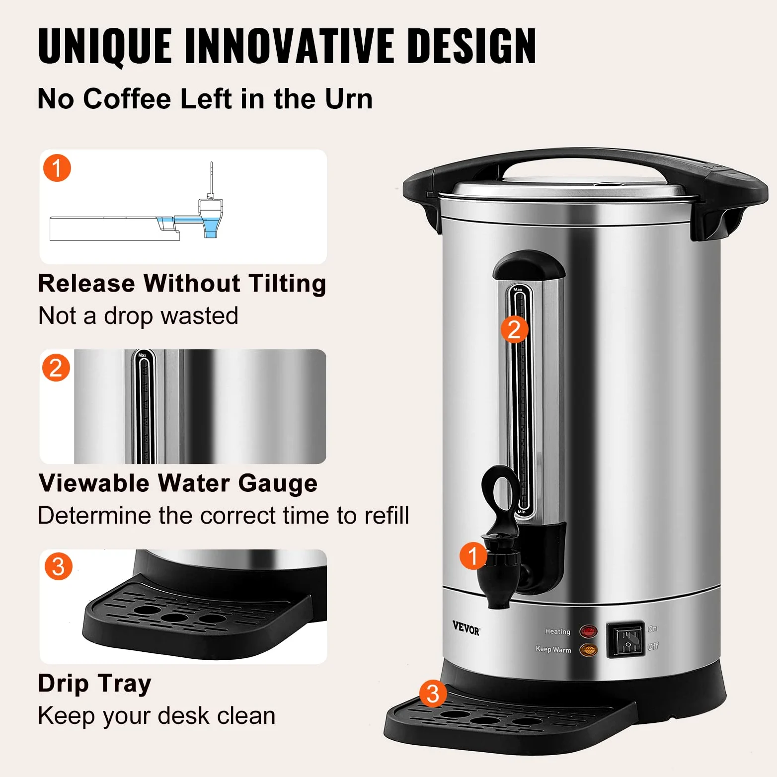 VEVOR Percolateur à Café 9,75 L 65 Tasses Distributeur de Boissons Chaudes en Acier Inoxydable Filtre Permanent Marmite à Vin Chaud 90-98 ℃ Maintenu Infusion Rapide Appareil Chauffe Eau Thé Chocolat