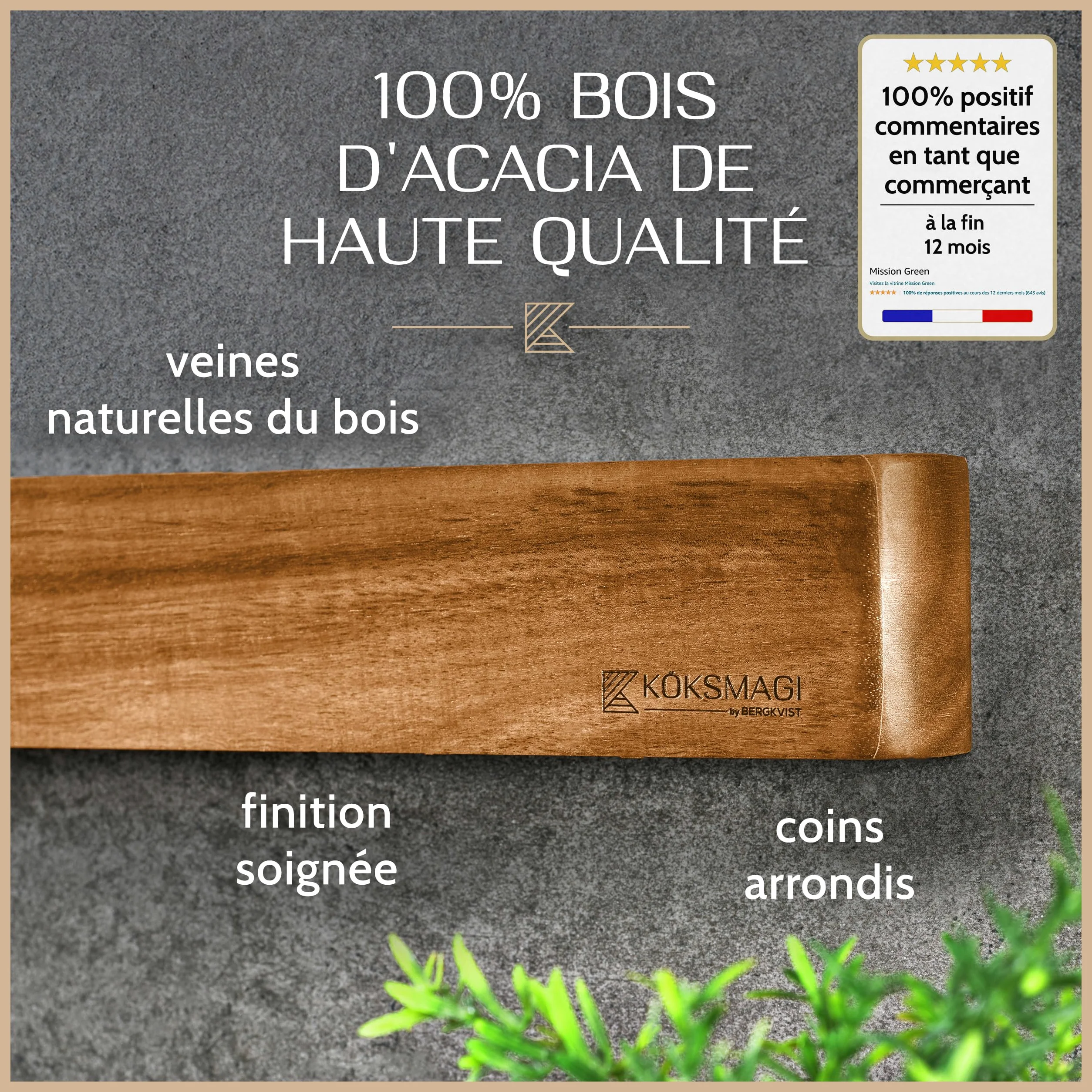 Barre magnetique pour couteaux OSKAR (50 cm) - porte couteaux en bois avec aimant extrêmement puissant pour couteaux lourds - avec accessoires pour coller & percer