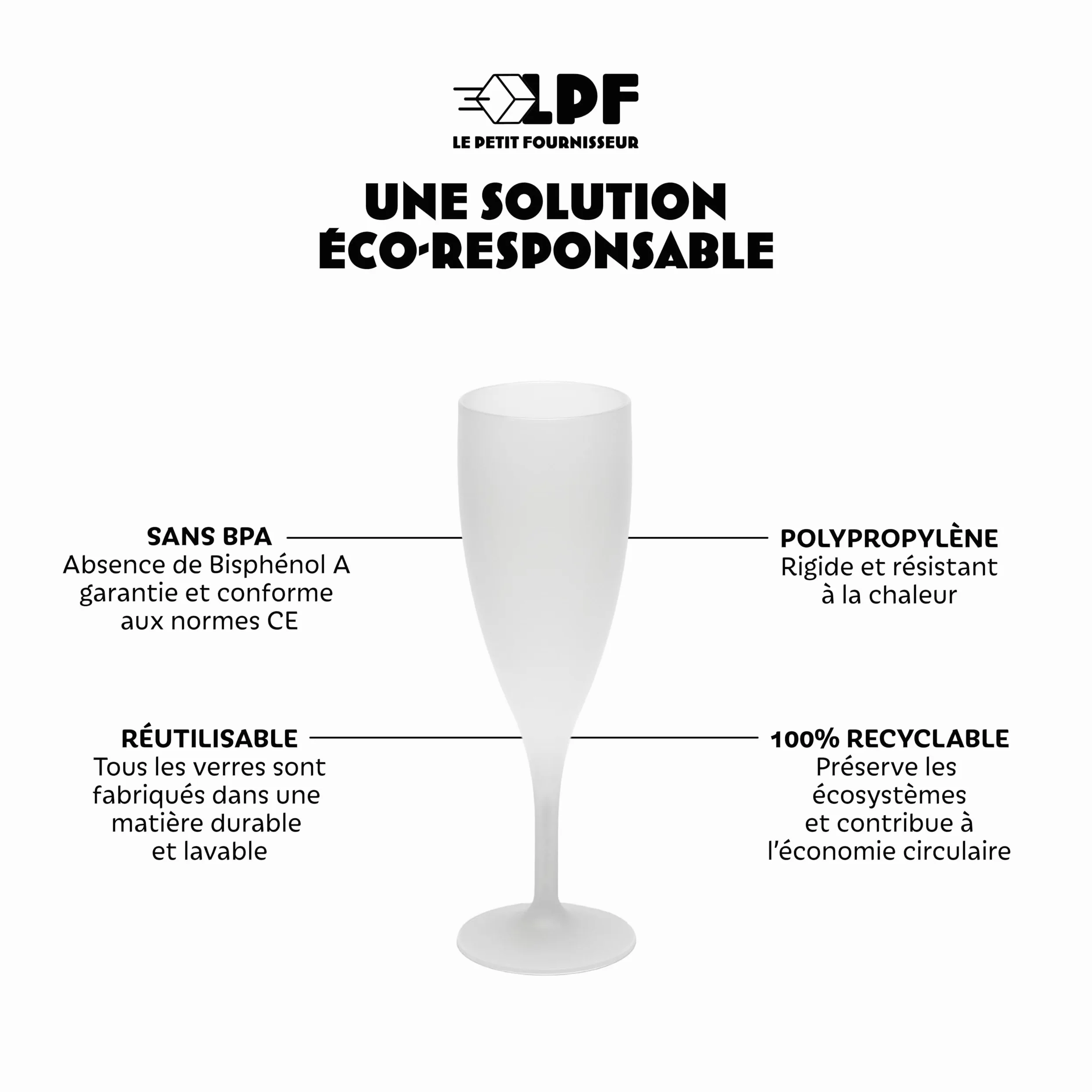 LPF LE PETIT FOURNISSEUR - Lot de 50 Flûtes à champagne réutilisables 12cl (15cl max) - Polypropylène plastique alimentaire - Verre à champagne durable - Compatible lave-vaisselle - Couleur givrée