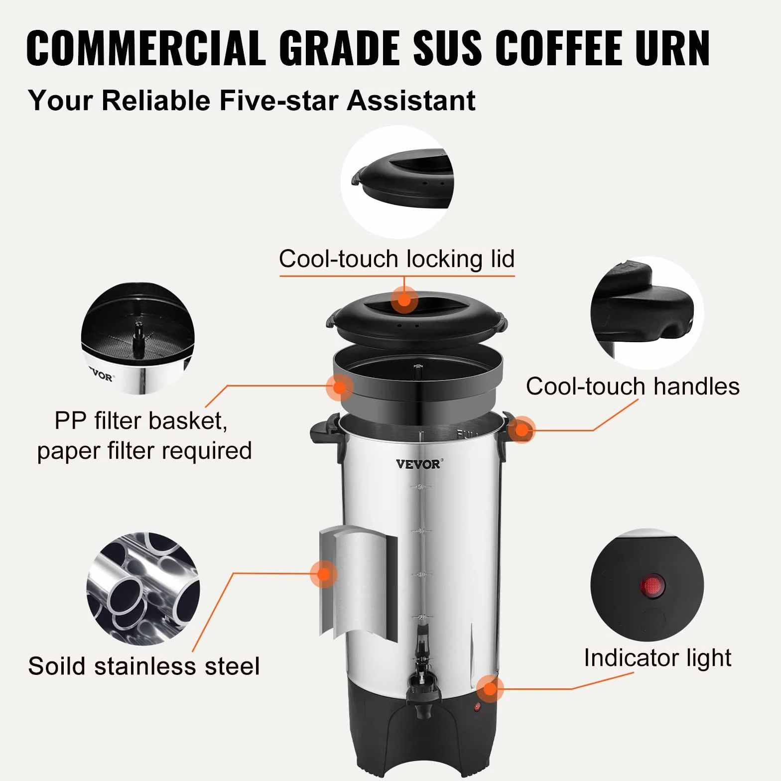 VEVOR Percolateur à Café 7,4 L 50 Tasses Distributeur de Boissons Chaudes en Acier Inoxydable Filtre Permanent Marmite à Vin Chaud 90-98 ℃ Maintenu Infusion Rapide Appareil Chauffe Eau Thé Chocolat
